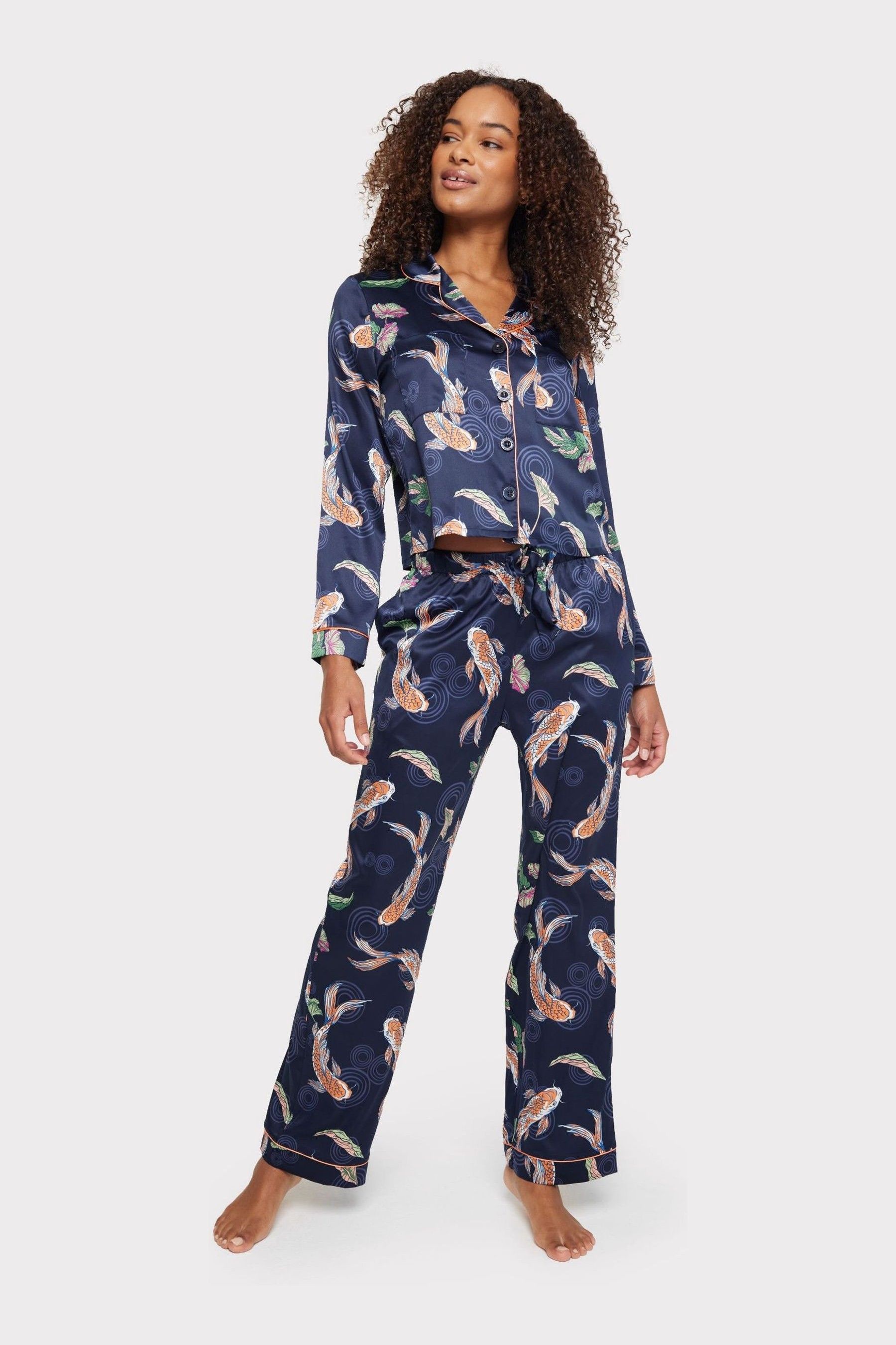 Buy Chelsea Peers Blue Curve Satin Koi Fish Print Long Pyjama Set from Next Luxembourg