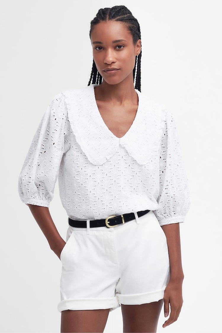 Barbour® White Oversize Kelley Broiderie Collar Puff Sleeve 100% Cotton Blouse - Image 1 of 7