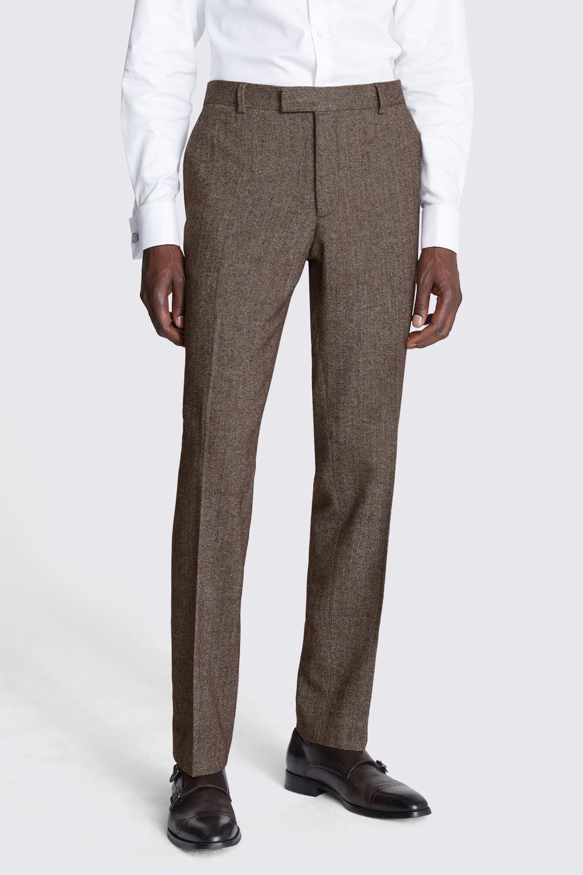 MOSS Slim Fit Brown Tweed Trousers - Image 1 of 3
