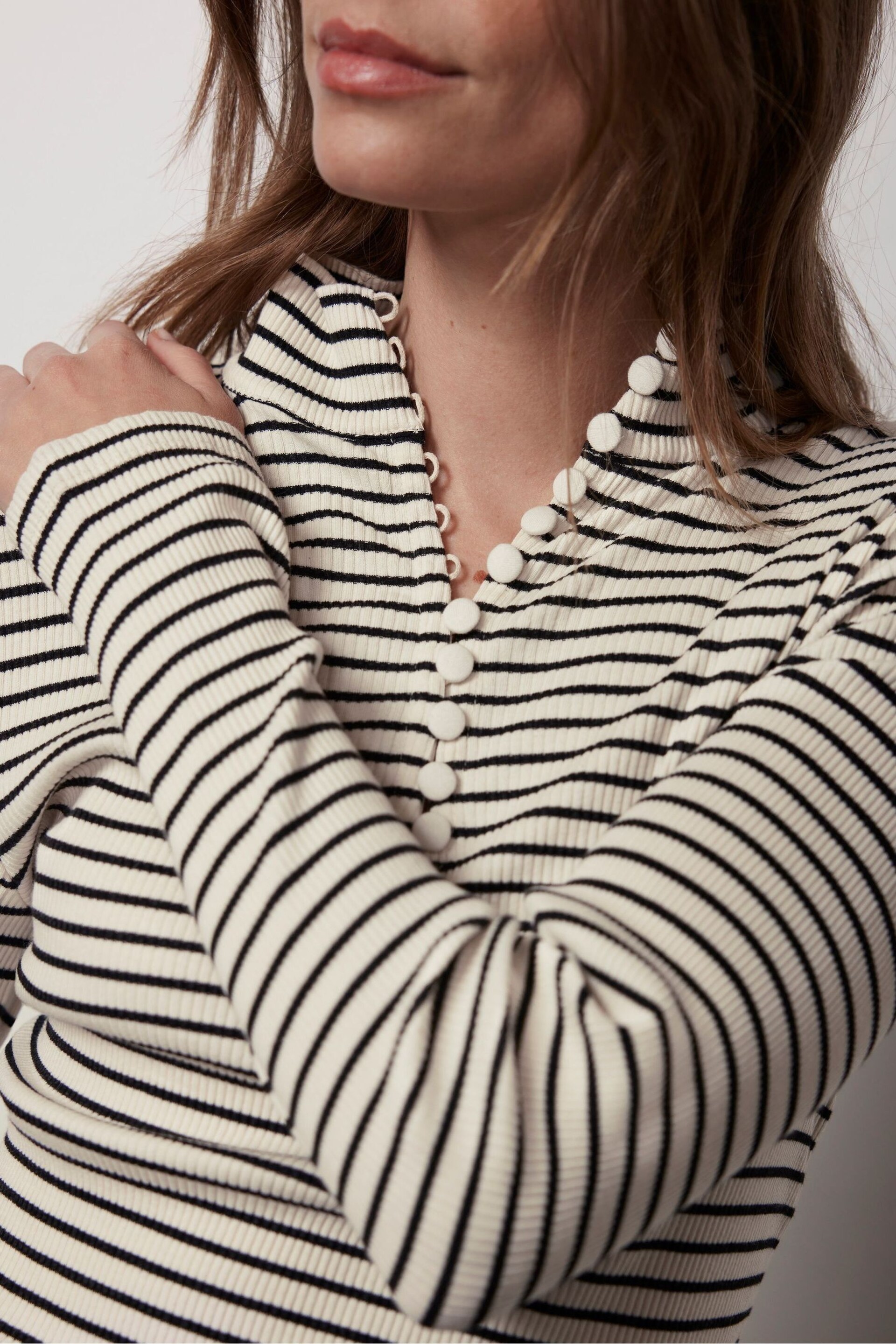 Mint Velvet Black Long Sleeve Cream Striped Top - Image 4 of 6