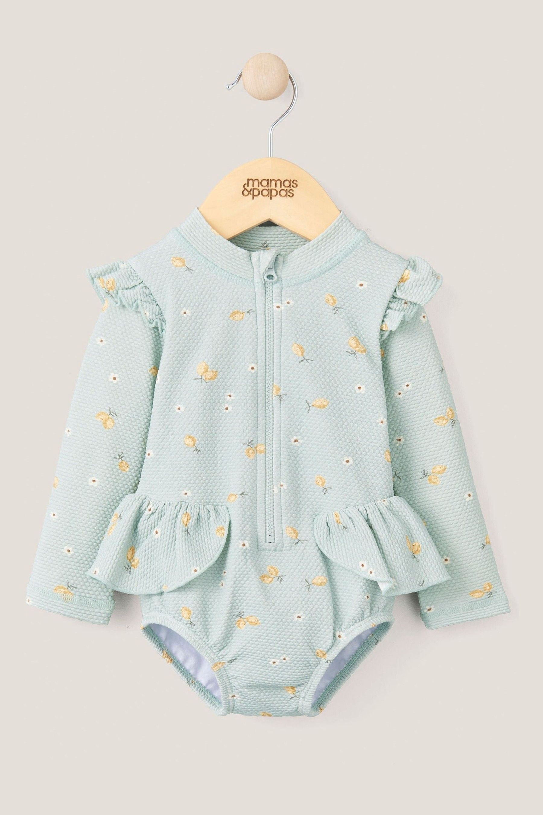 Buy Mamas Papas Blue Lemon Print Textured Long Sleeve Frill Swimsuit from Next Luxembourg