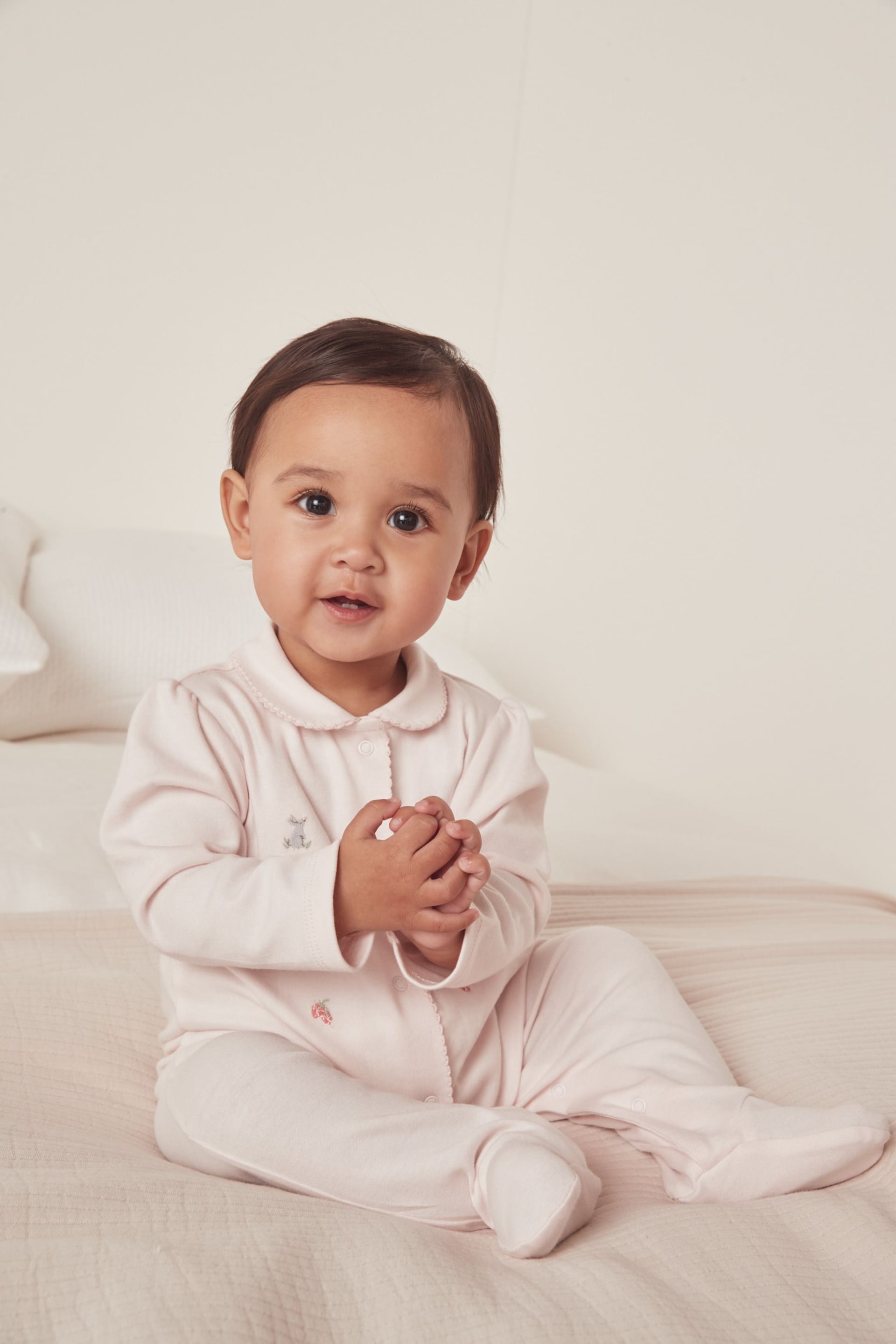 The White Company Pink Organic Cotton Hoppy Bunny Embroidered Collared Sleepsuit - Image 1 of 4