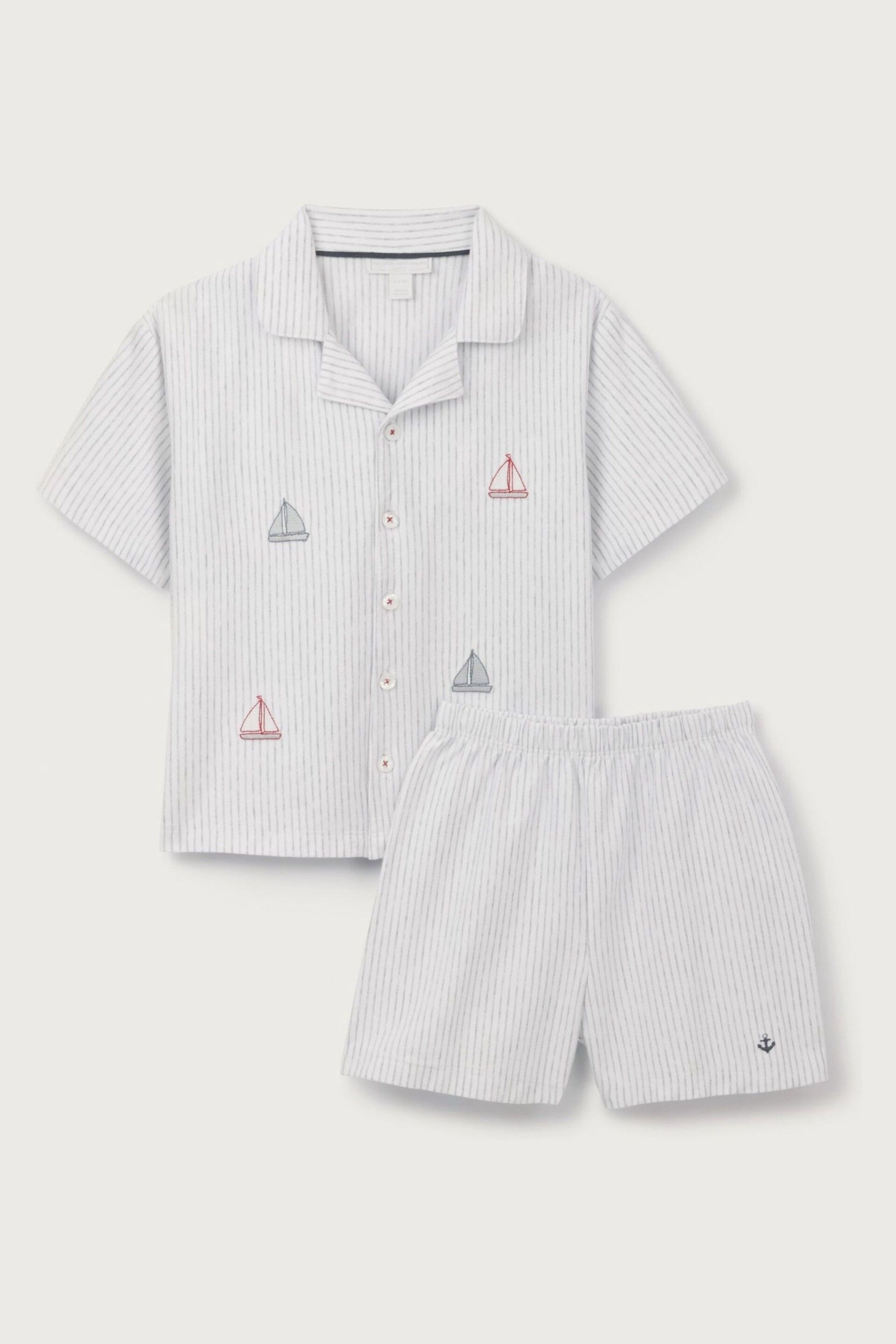 The White Company White Cotton Classic Sailboat Embroidered Shortie Pyjamas - Image 4 of 6