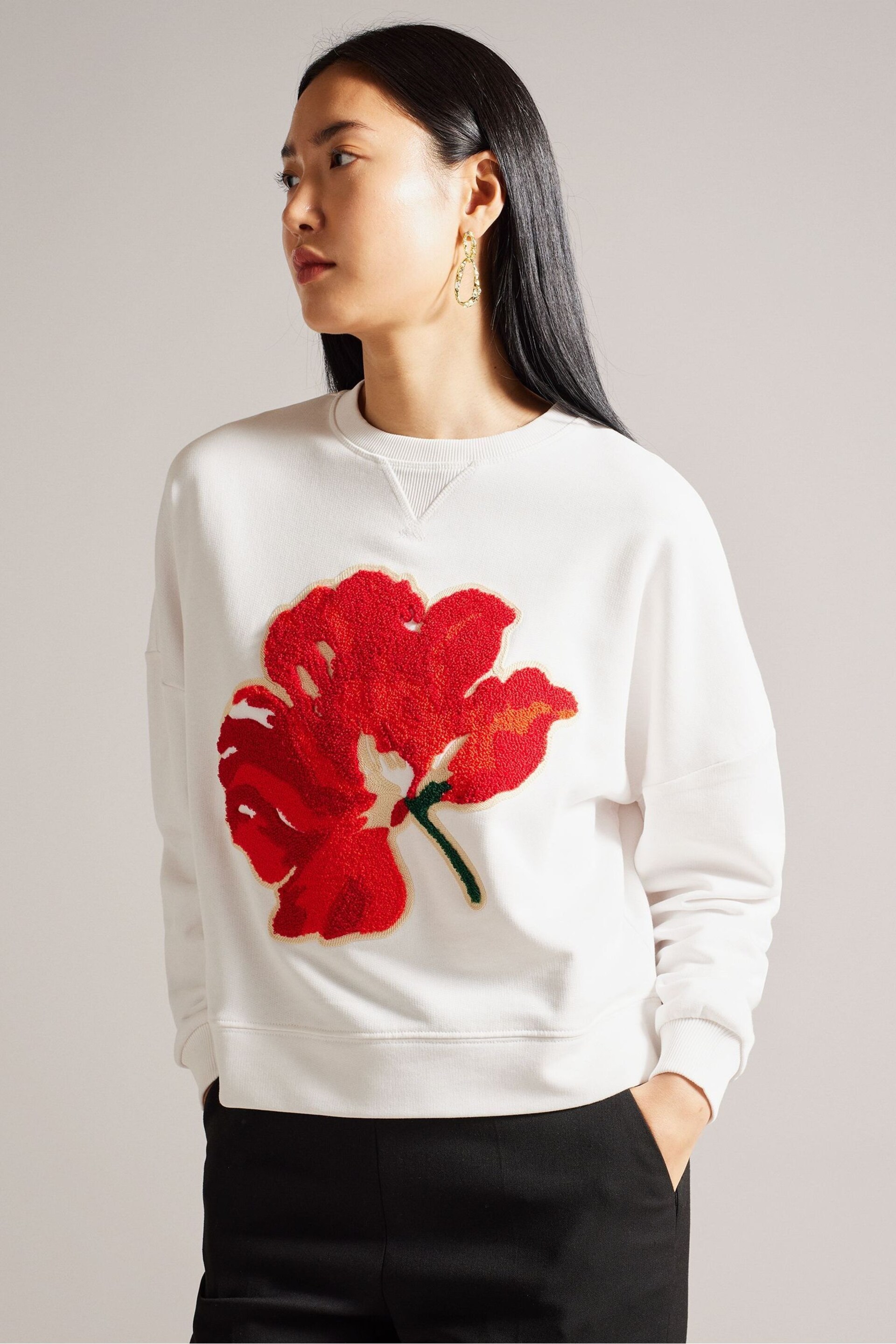 Ted Baker White Marelaa Sweatshirt With Bouclé Flower - Image 1 of 5