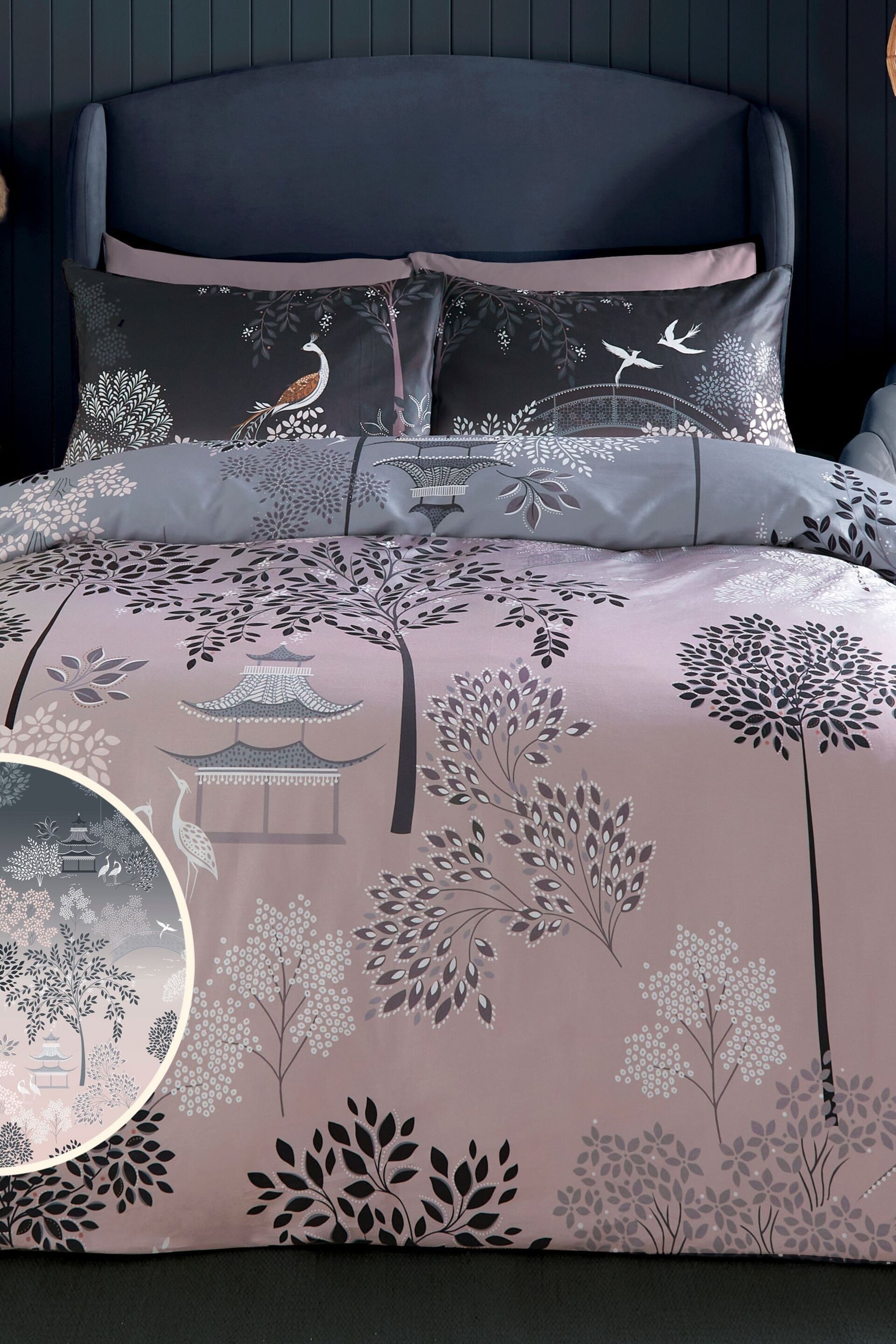 Sara Miller Blush Grey Pagoda Garden Duvet Cover and Pillowcase Set - Image 1 of 9