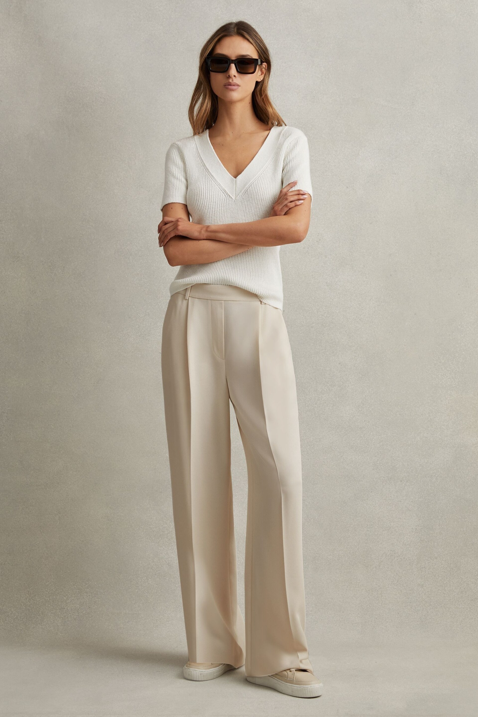 Reiss Cream Eden Petite Half-Elasticated Wide Leg Trousers - Image 1 of 6