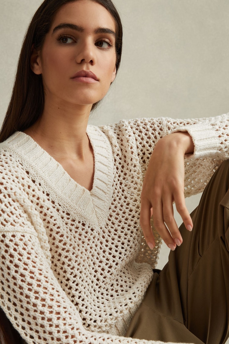 Reiss Ivory Larissa Linen Cotton Open Stitch Jumper - Image 1 of 5