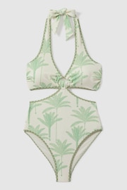 Reiss Green/Cream Gabriella Palm Tree Halter Neck Swimsuit - Image 2 of 4