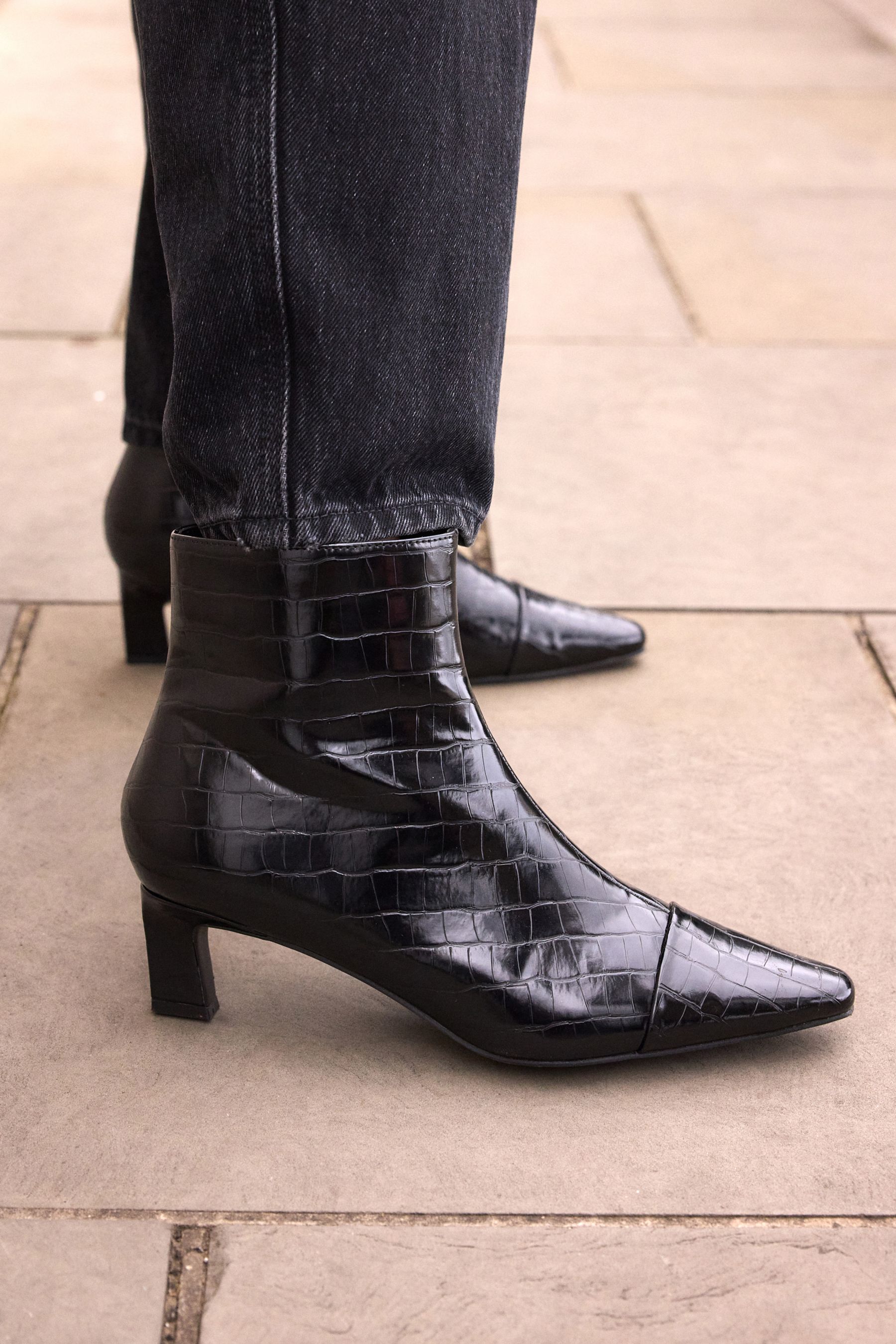 Black Crocodile Effect Forever Comfort Chisel Toe Ankle Boots