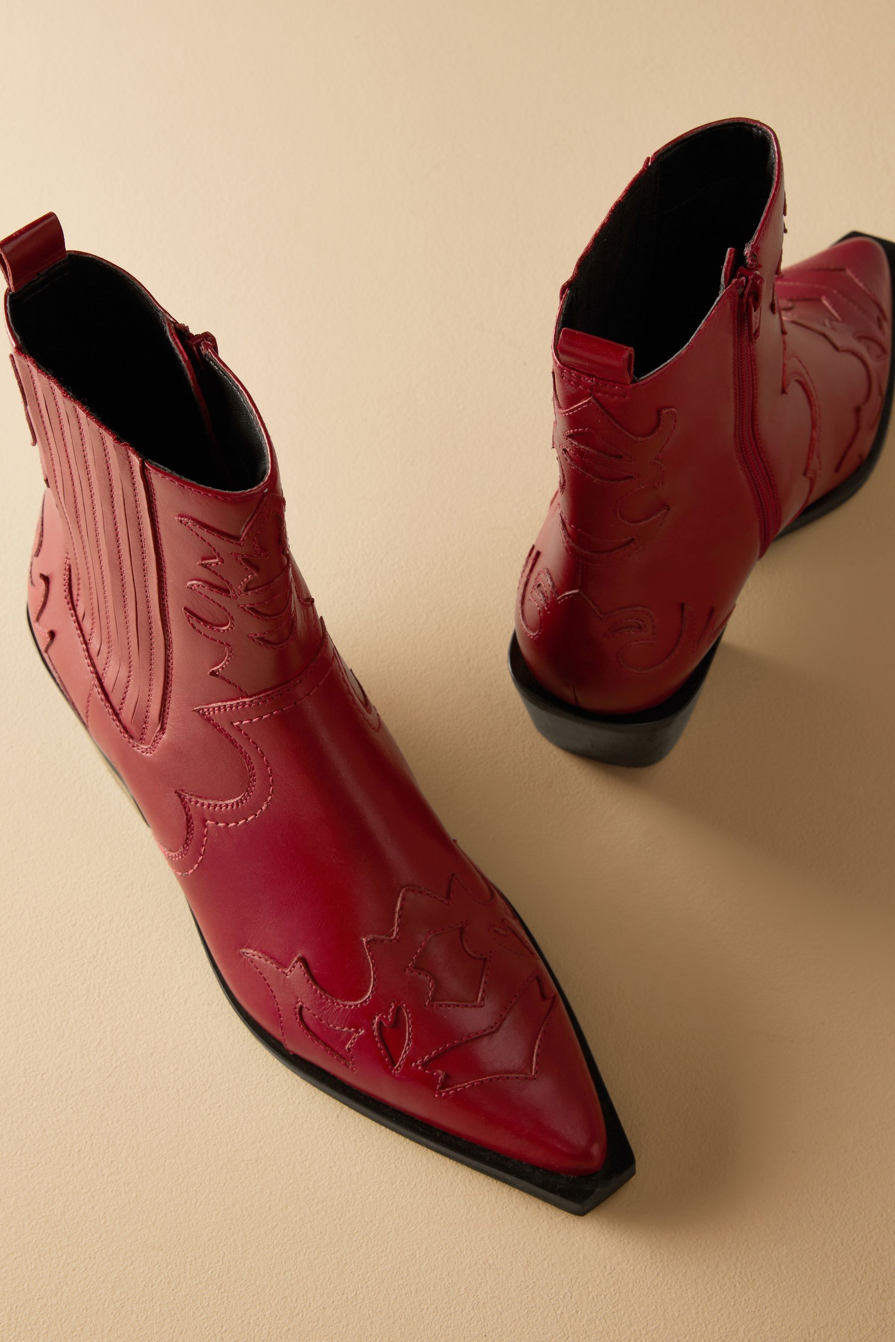 Buy Red Premium Leather Ankle Western Cowboy Boots from Next Luxembourg