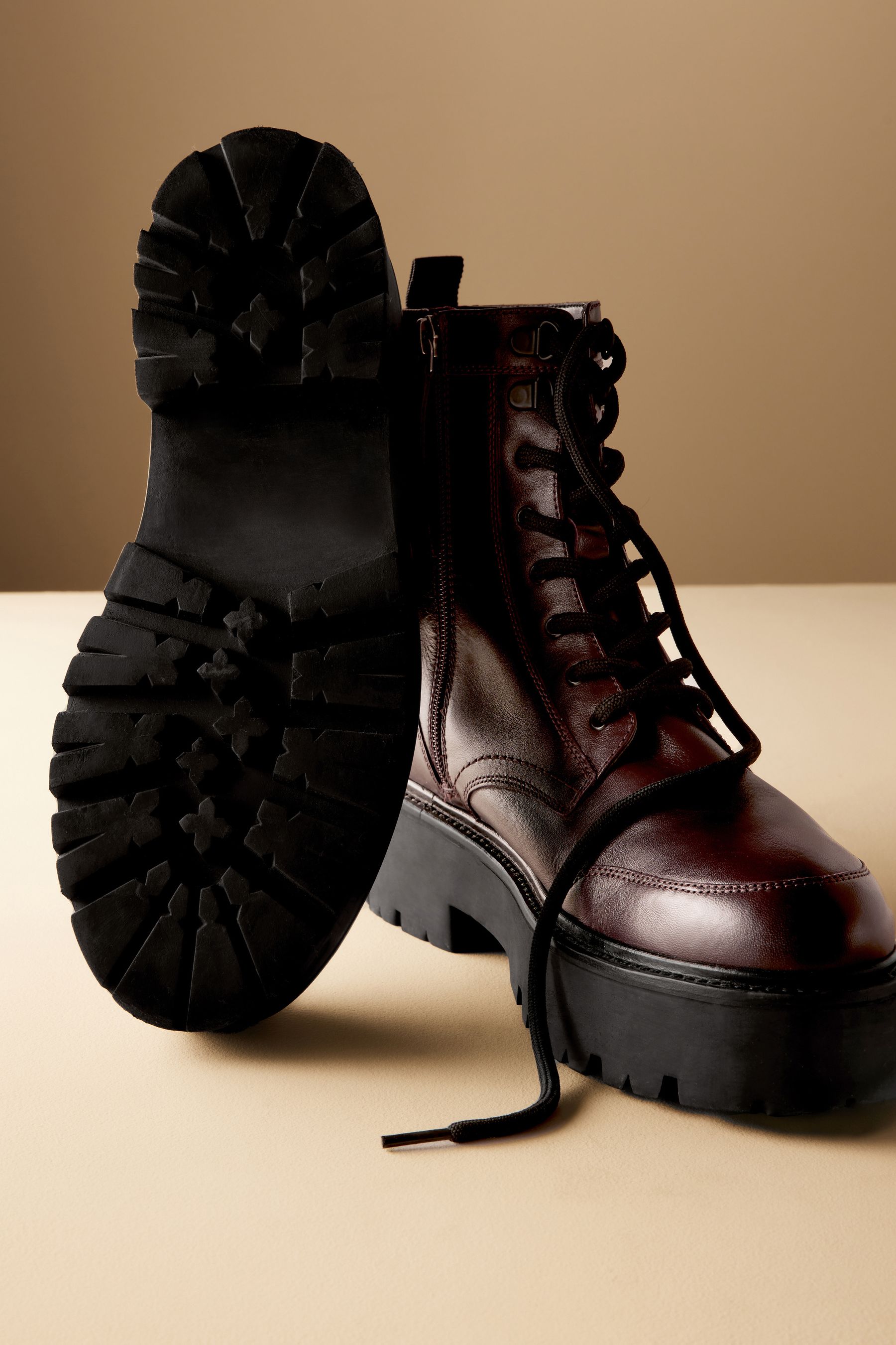 Burgundy Red Signature Leather Forever Comfort Chunky Lace Up Boots