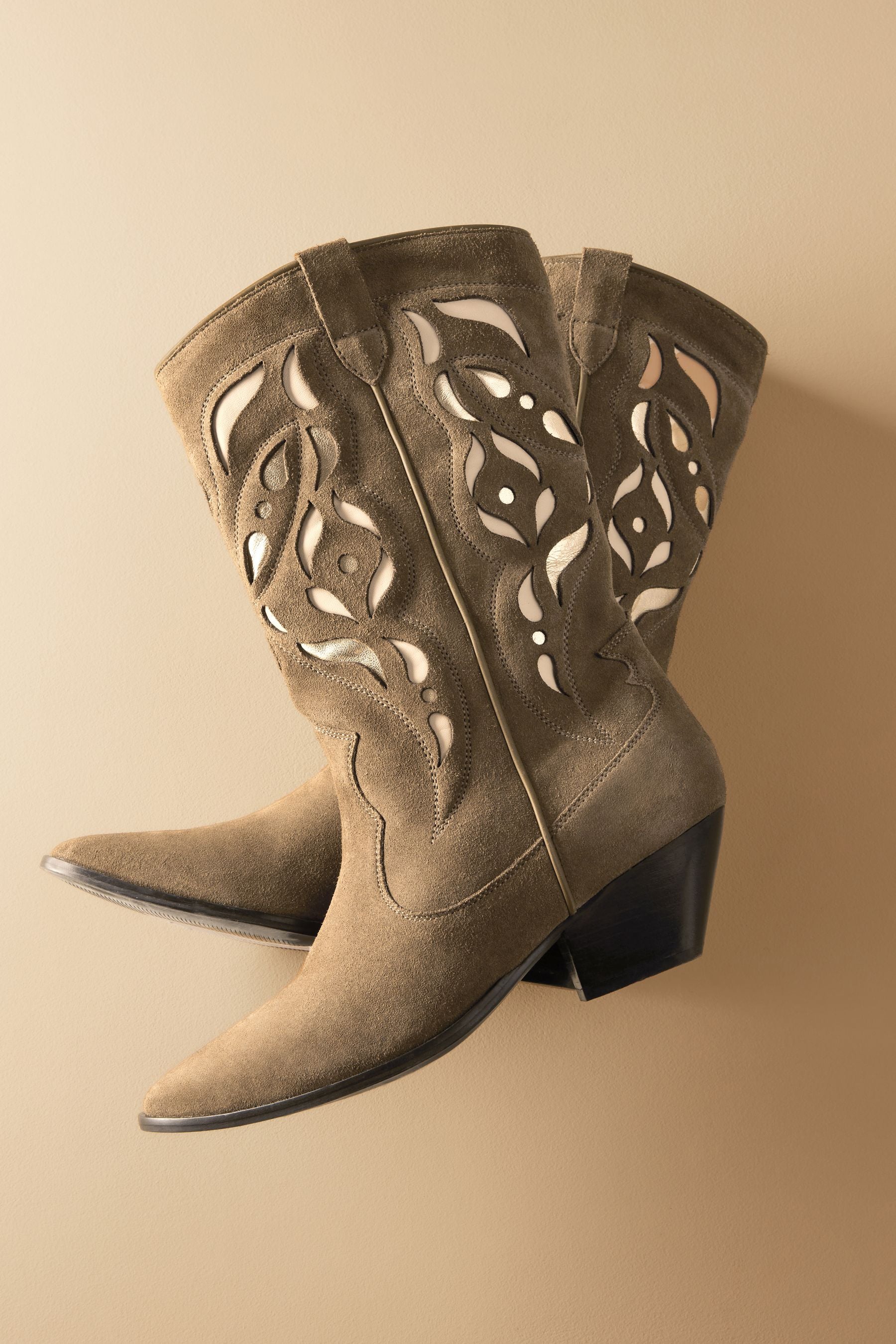 Buy Khaki Green Premium Suede Cut Out Detail Western Cowboy Boots from Next Canada