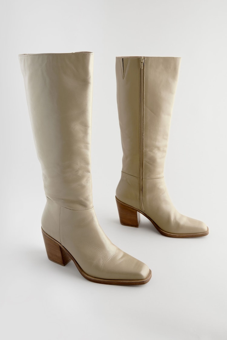 Neutral Leather Forever Comfort® Knee High Block Heel Boots - Image 1 of 5