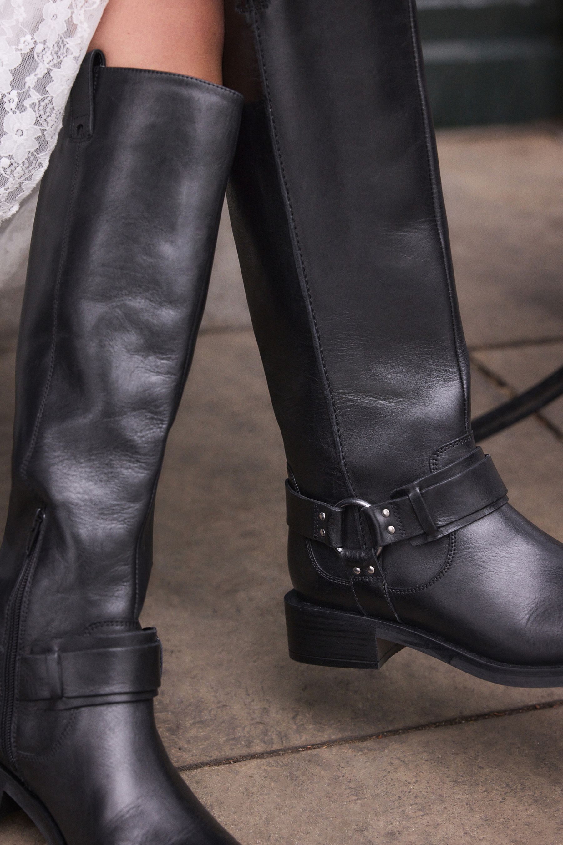 Black leather knee high riding boots sale