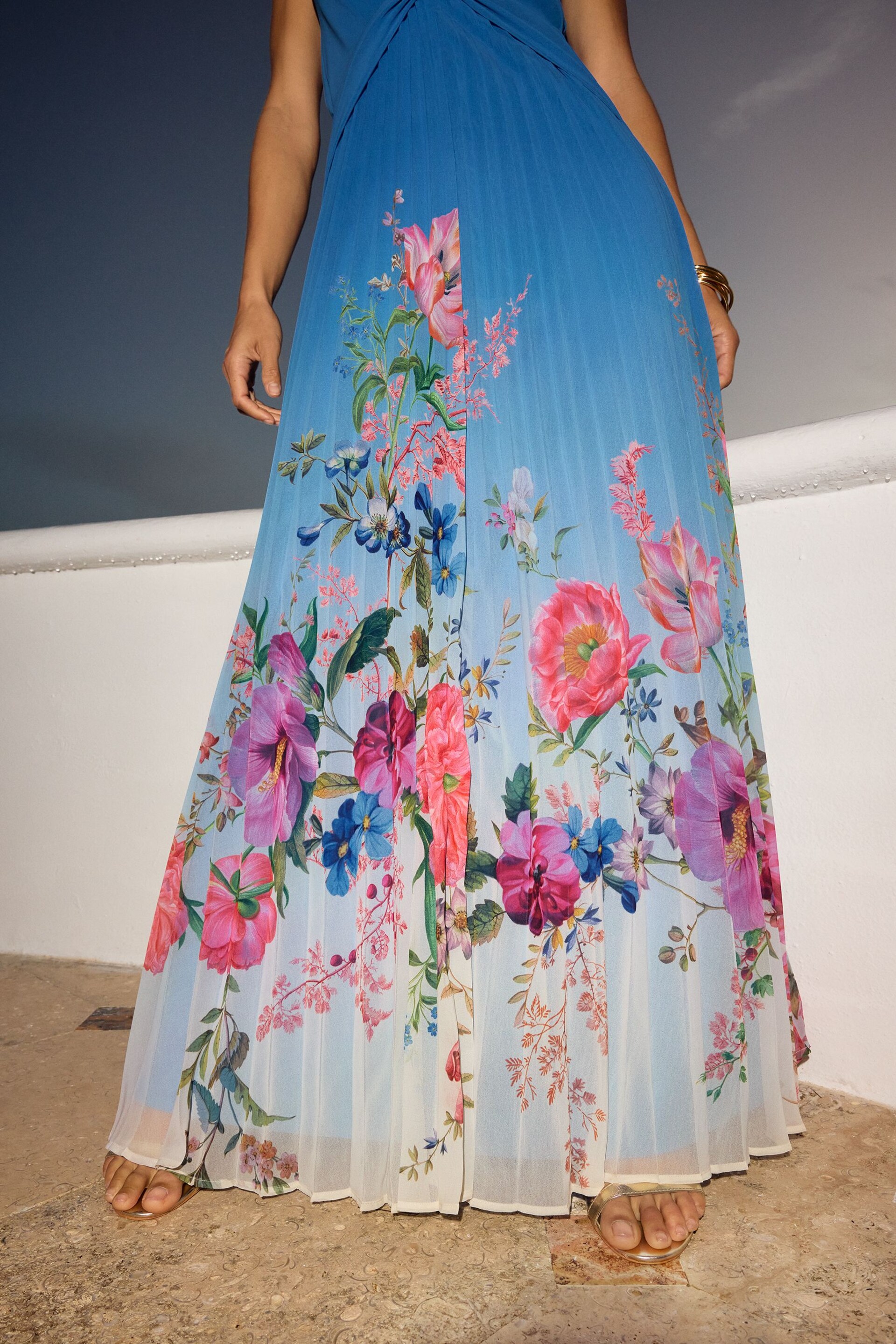 V&A | Love & Roses Blue Floral Placement Halterneck Plunge Dress - Image 4 of 4