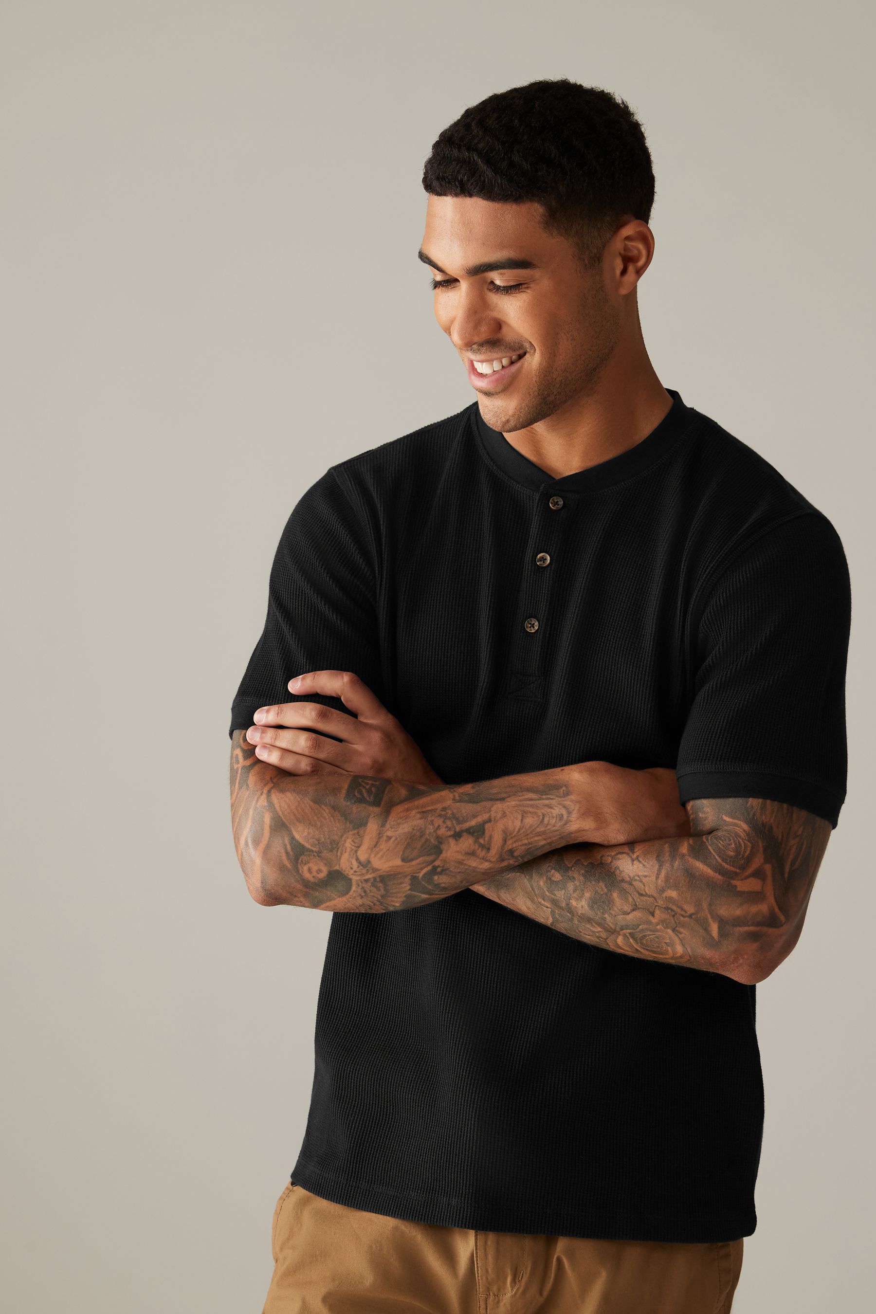 Buy Black Short Sleeve Grandad Collar T Shirt from Next Armenia