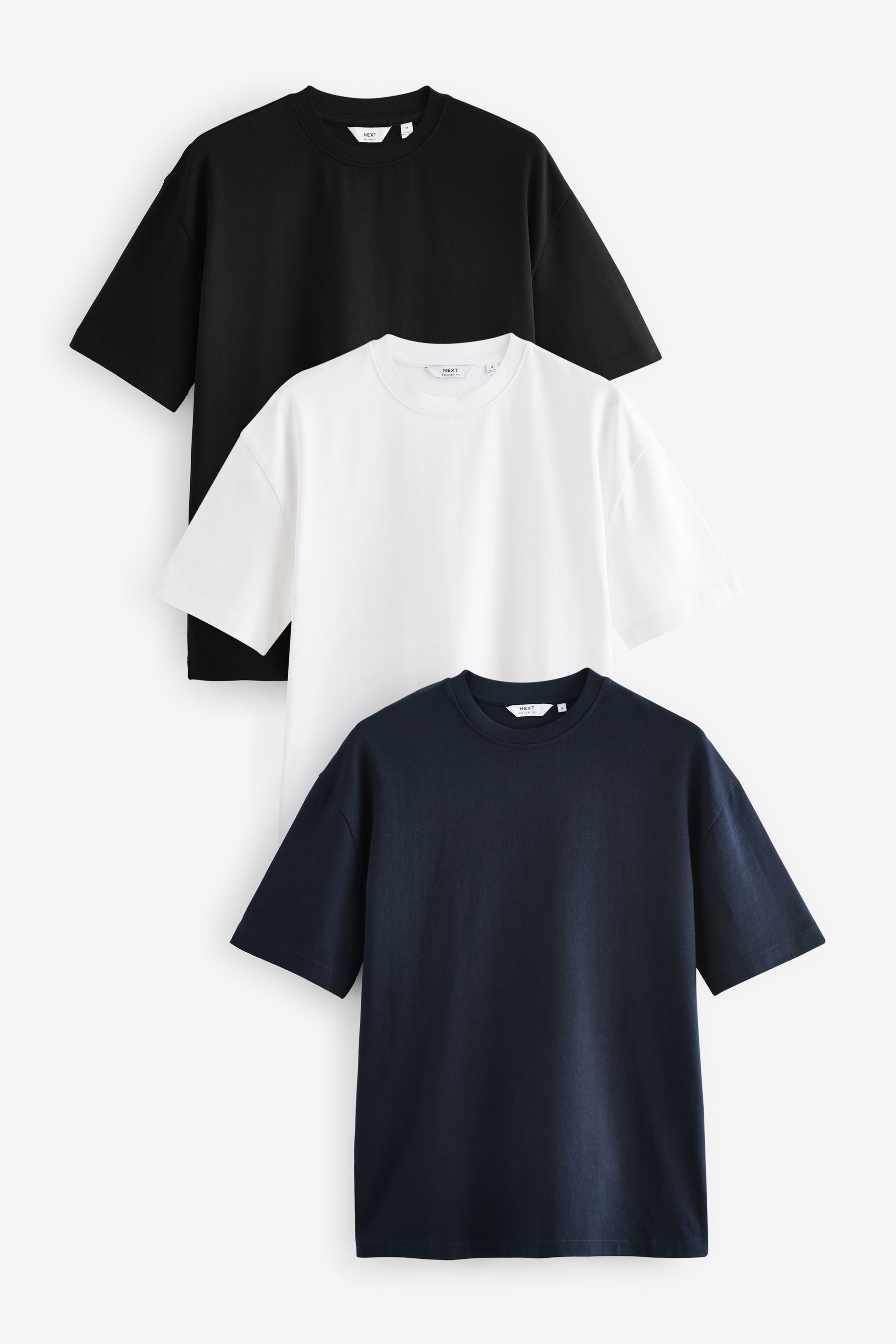 White Black Navy Relaxed Fit Heavyweight 100 Cotton T Shirts 3 Pack