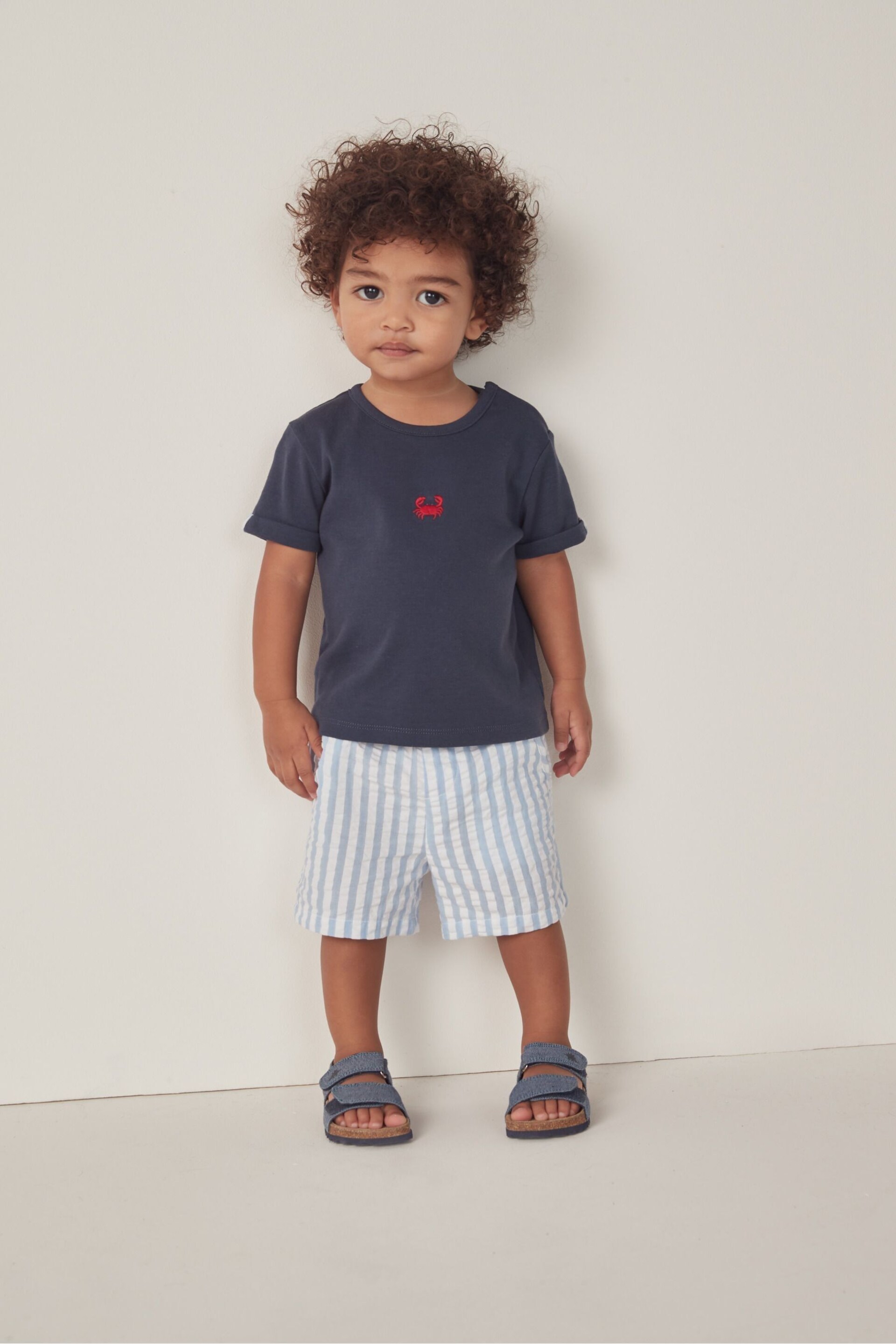 The White Company White Cotton Ribbed Anchor T-Shirt & Seersucker Stripe Short Set - Image 1 of 10