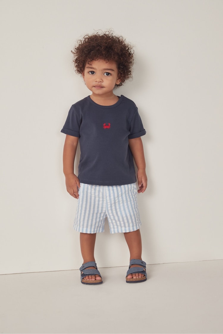 The White Company White Cotton Ribbed Anchor 100% Cotton T-Shirt & Seersucker Stripe Shorts Set - Image 1 of 5