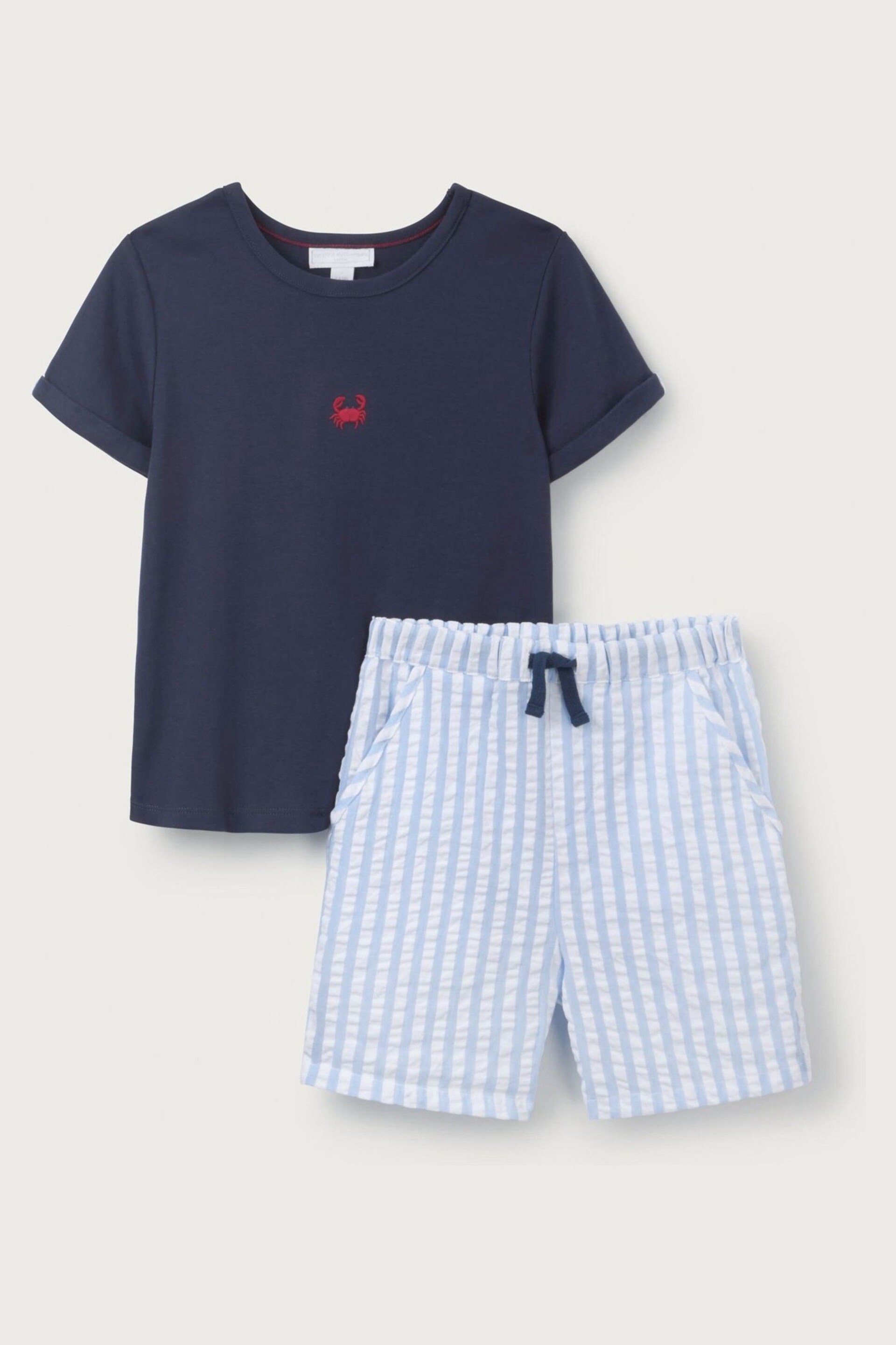 The White Company White Cotton Ribbed Anchor T-Shirt & Seersucker Stripe Short Set - Image 10 of 10