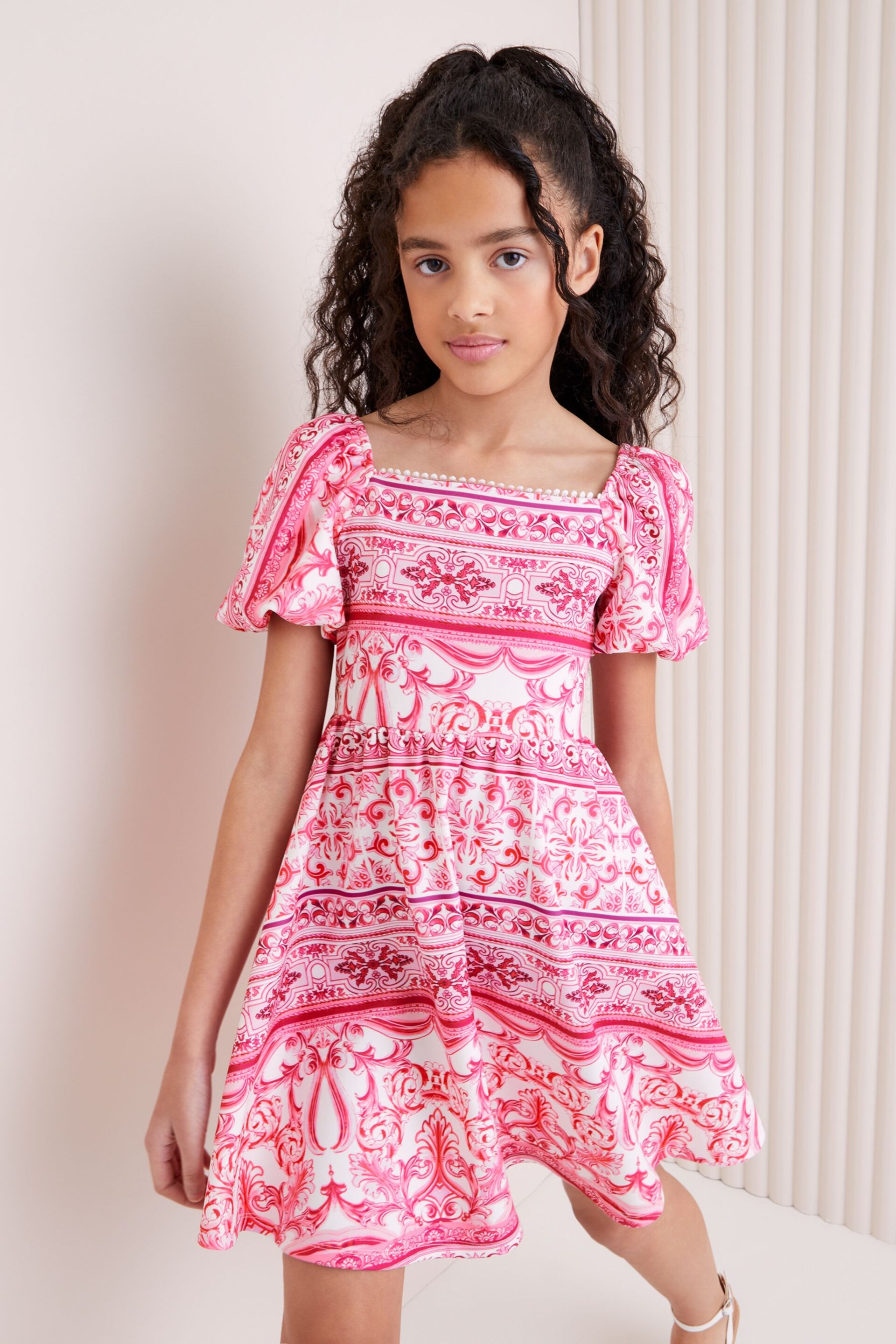 Lipsy Pink Floral Square Neck Scuba Dress (5-16yrs) - Image 1 of 4