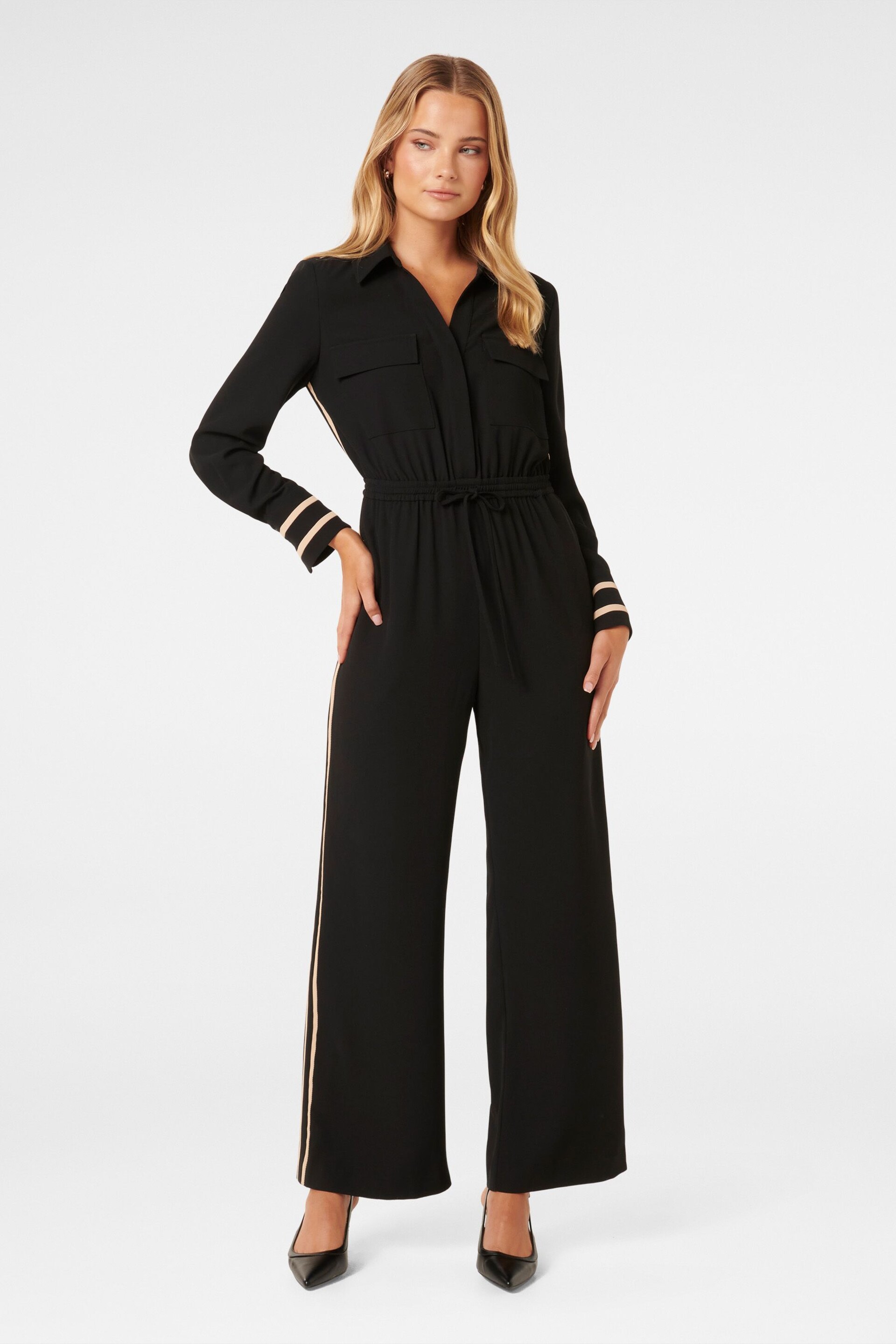 Forever New Black Asher Side Stripe Jumpsuit - Image 1 of 4