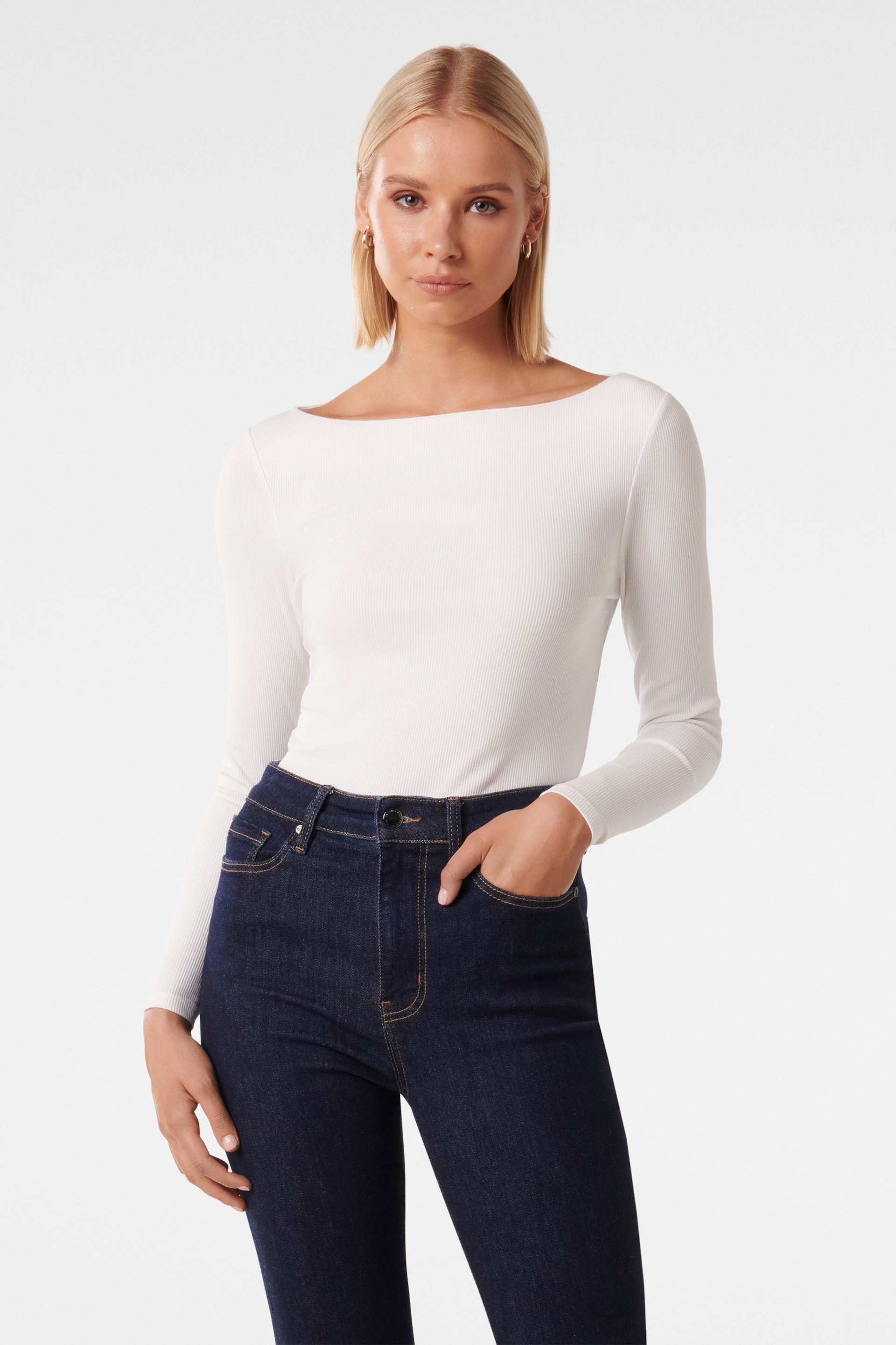 Forever New White Brie Boat Neck Long Sleeve Top - Image 1 of 5