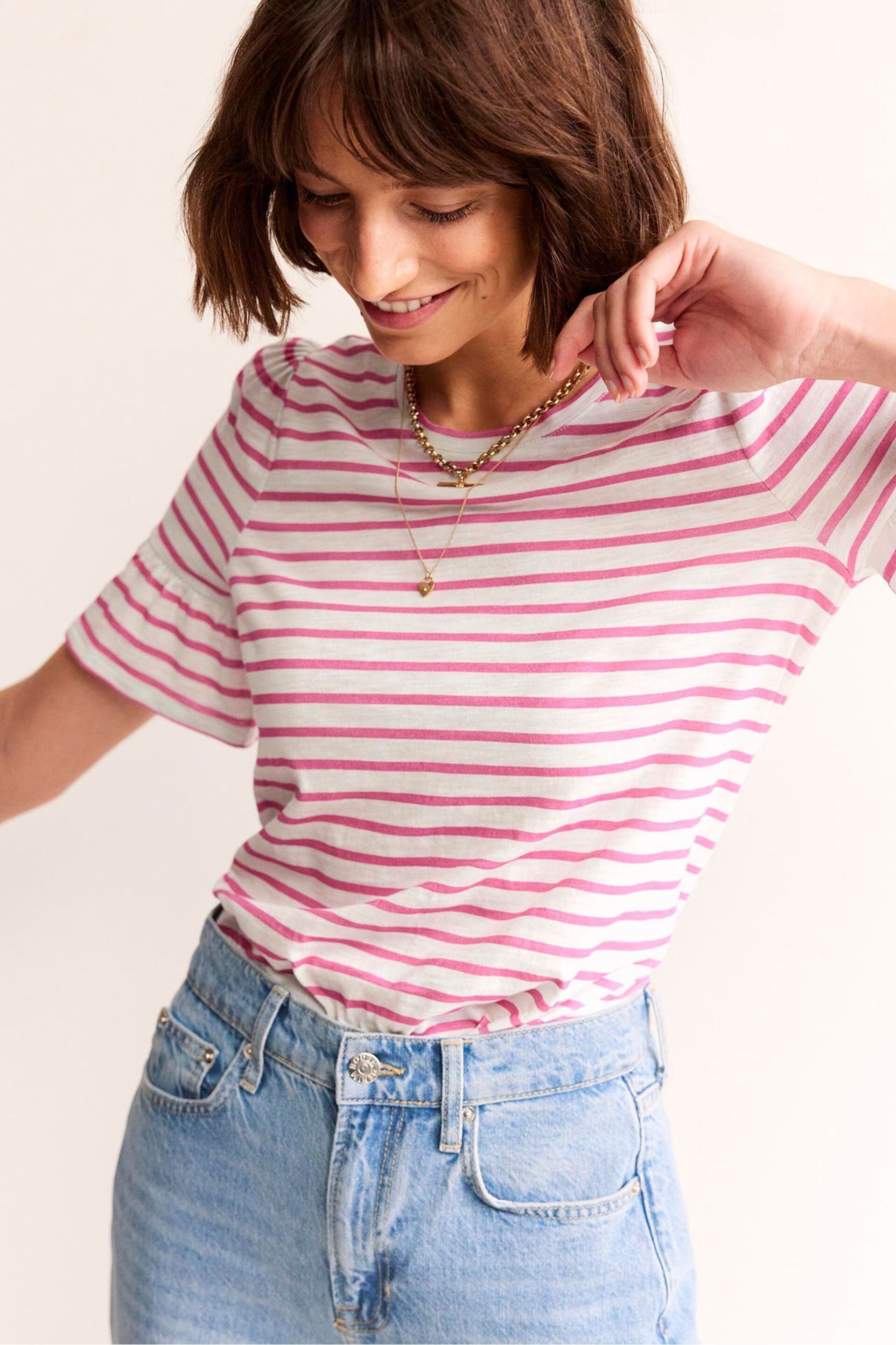 Boden Pink Crew Neck Frill Cuff T-Shirt - Image 3 of 5