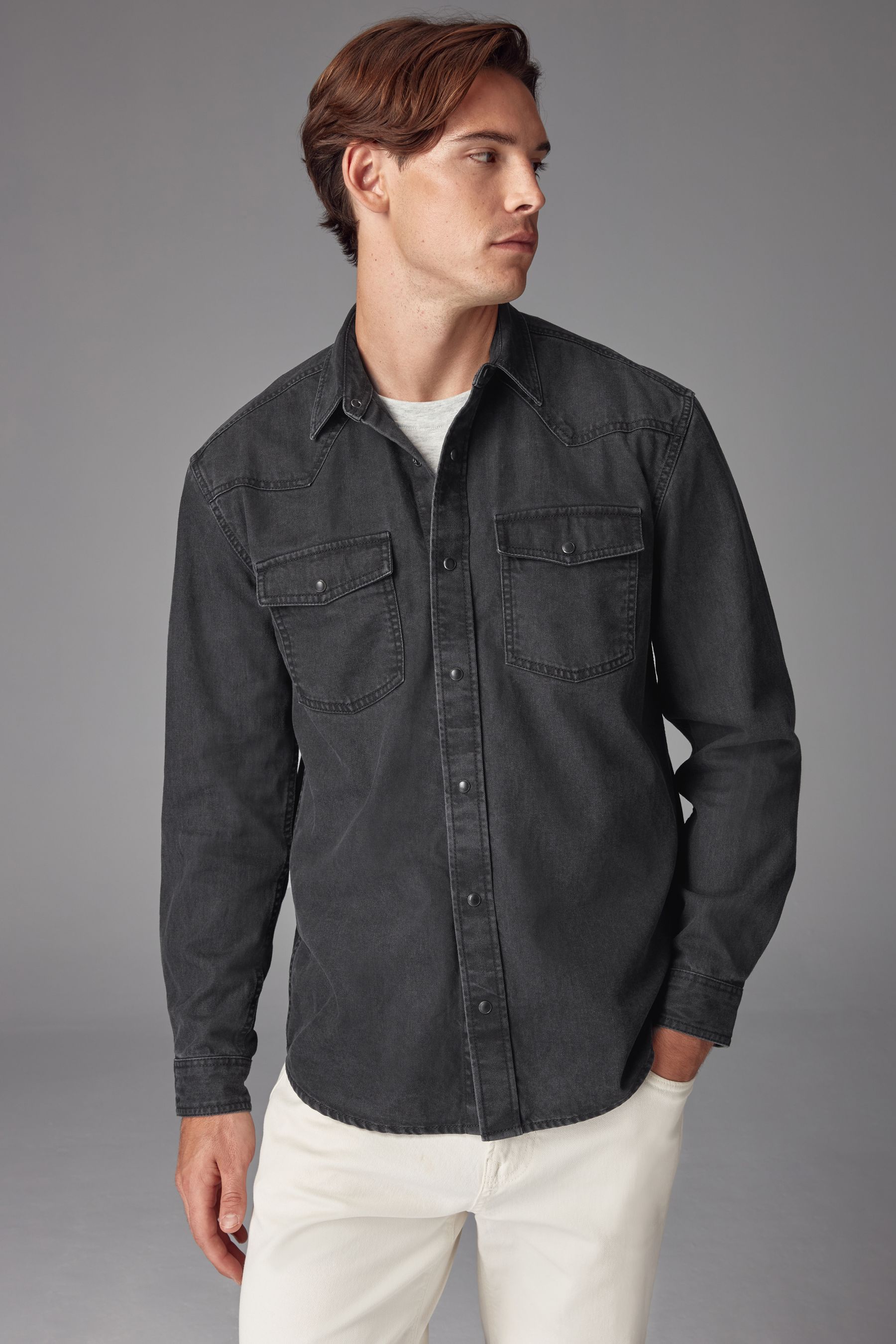 Mens black denim shirt long sleeve deals