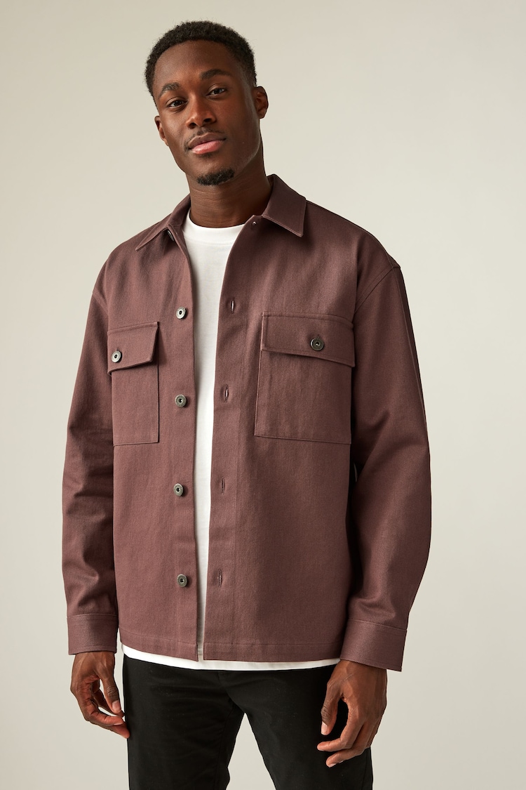 Clay棕色 - 100% Cotton Twin Pocket Shacket Overshirt - 圖片 1，共 7