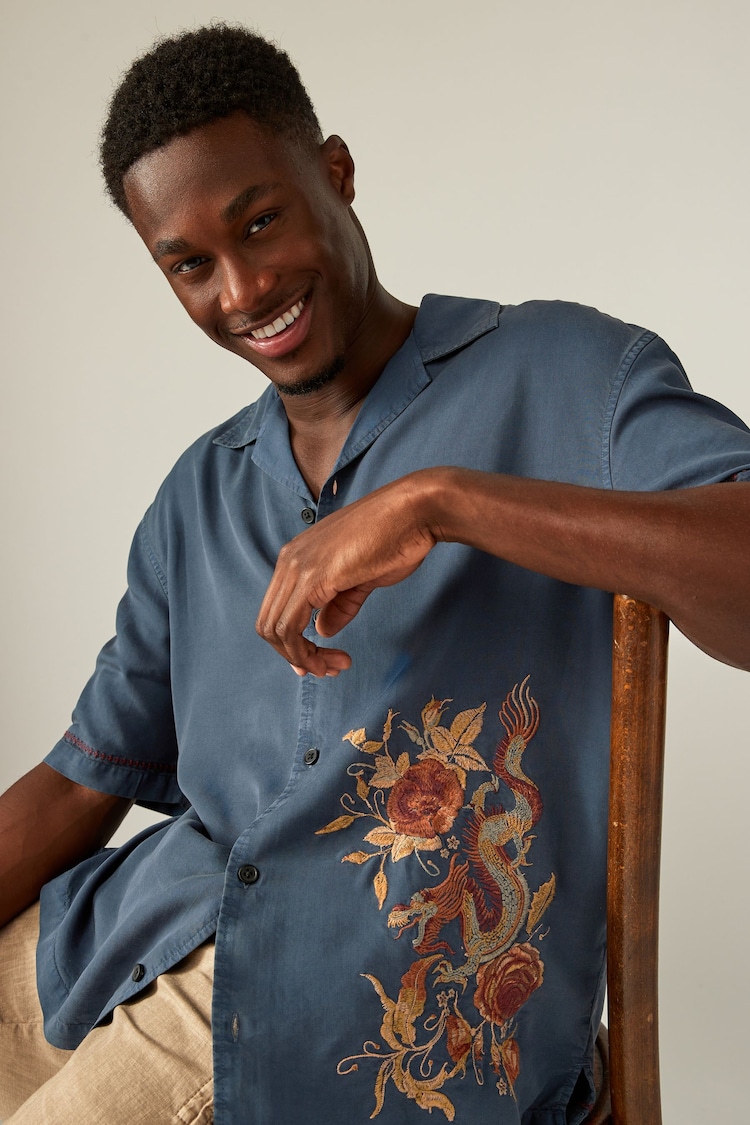 Navy Blue TENCEL™ Embroidered Short Sleeve Shirt - Image 1 of 8