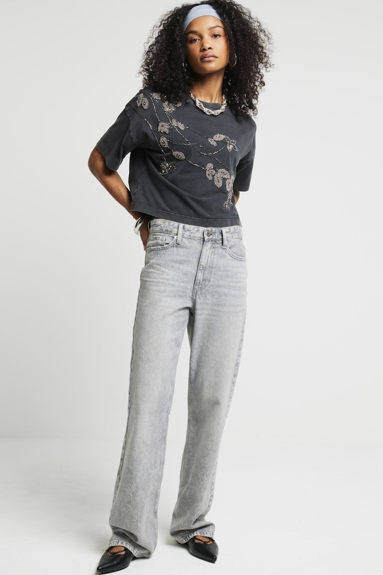 River Island Grey 100% Cotton Washed Floral Embellished T-Shirt - Image 1 of 6