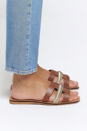 River Island Brown Leather Cut Out Strap  Sandals - Image 1 of 6