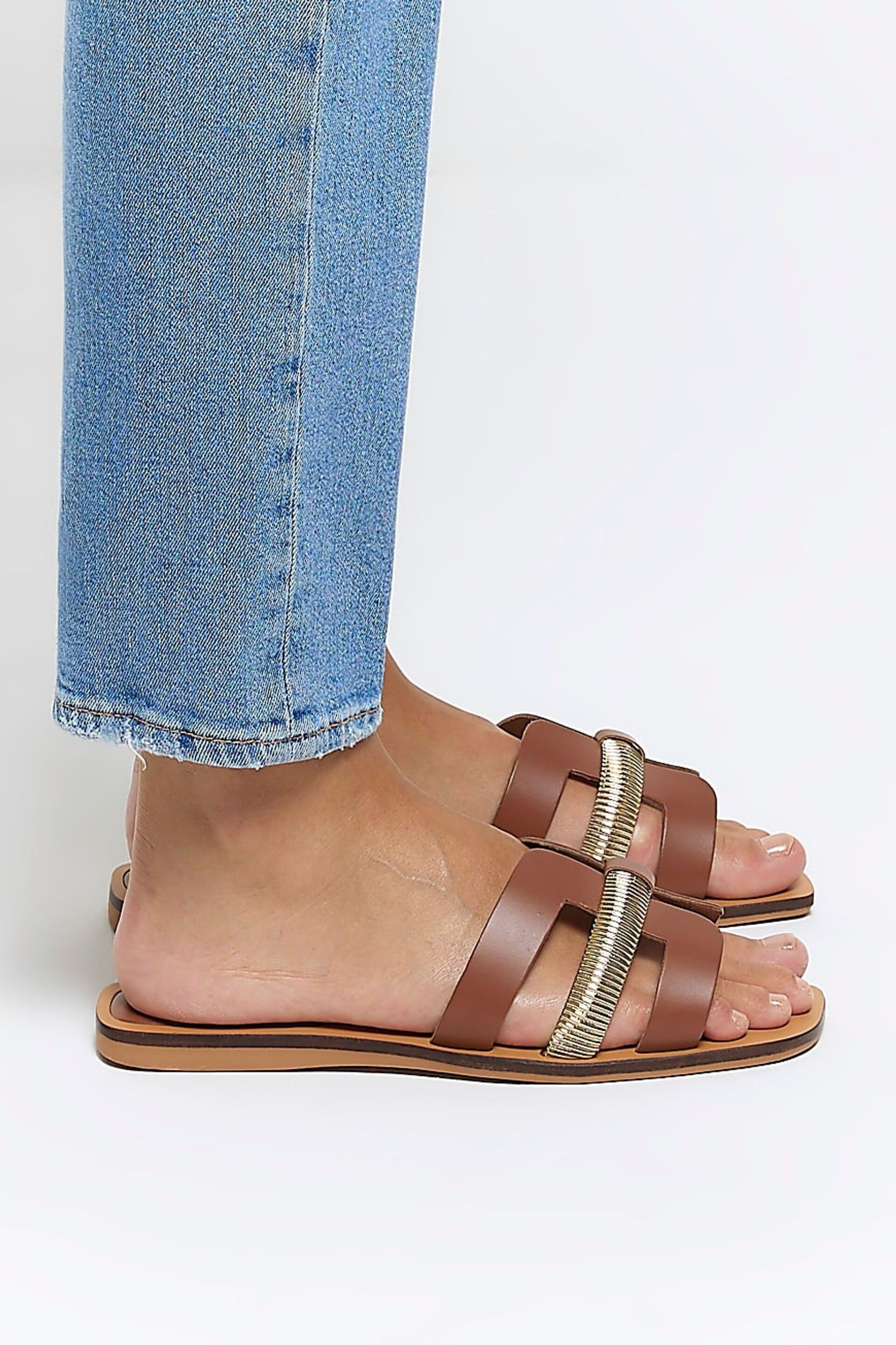 River Island Brown Leather Cut Out Strap  Sandals - Image 1 of 6