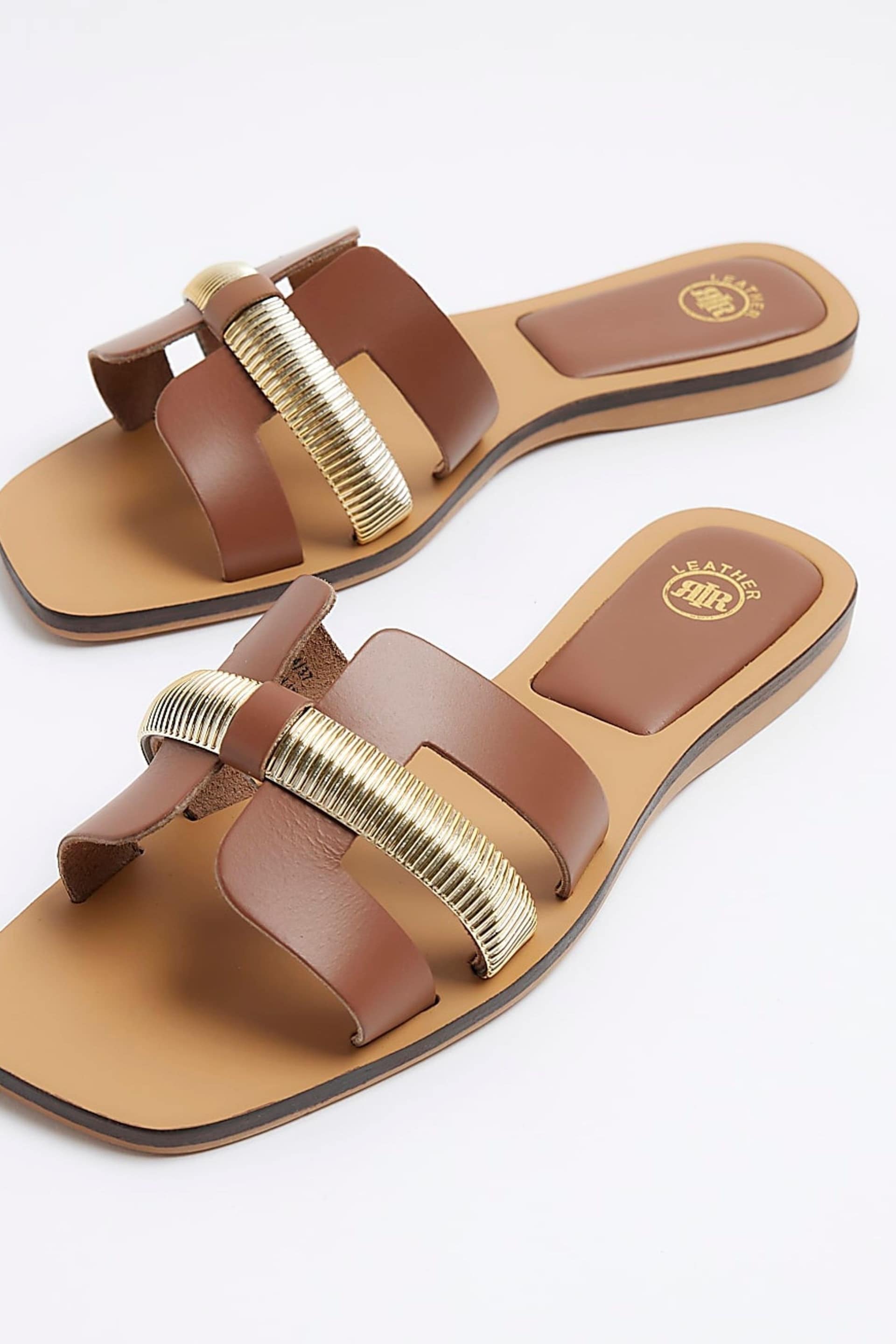 River Island Brown Leather Cut Out Strap  Sandals - Image 6 of 6