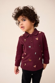 Burgundy Red Long Sleeve 100% Cotton All-Over Embroidered Polo Shirt (3mths-7yrs) - Image 1 of 6