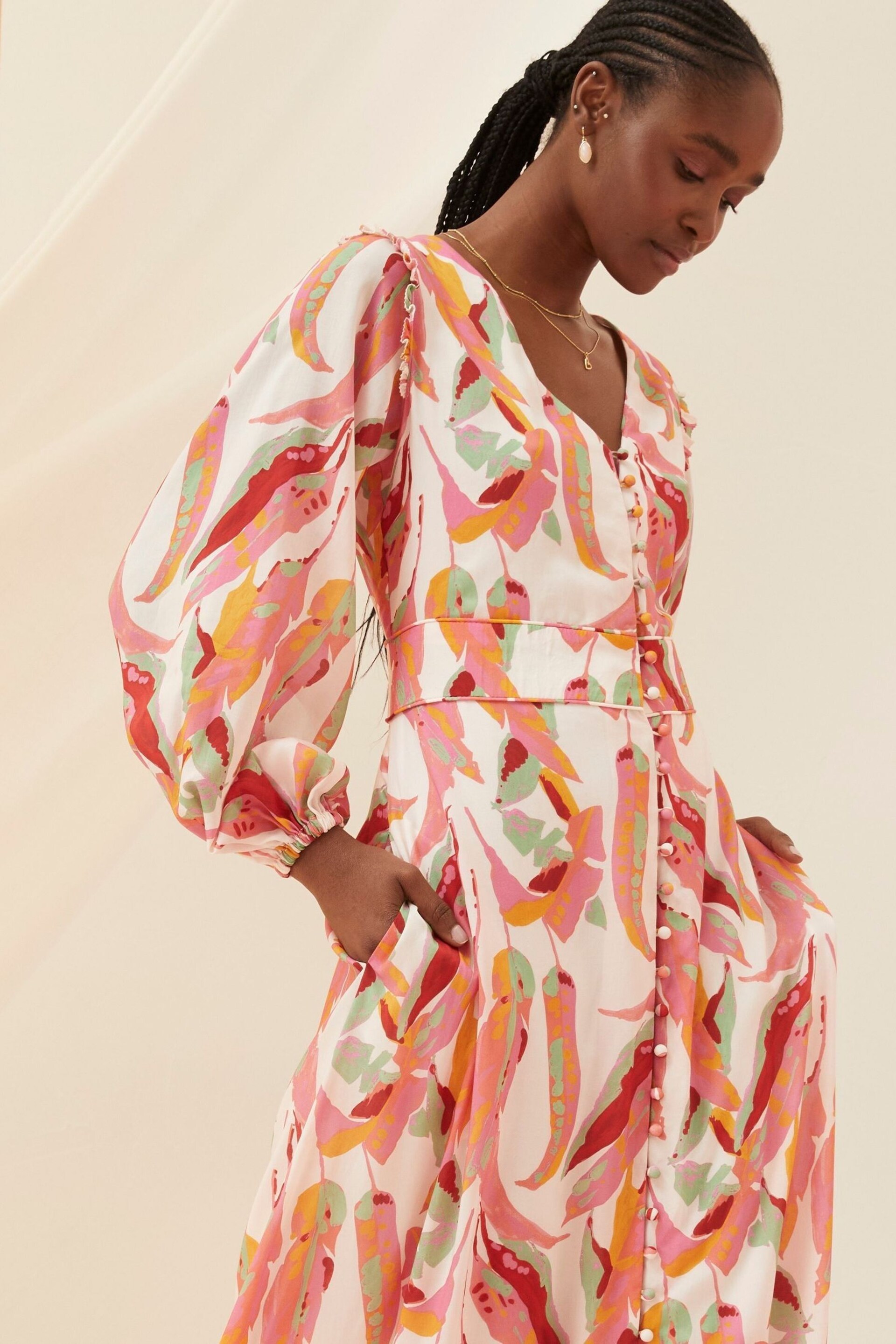 FatFace Pink Peony Painted Leaves Maxi Dress - Image 5 of 8