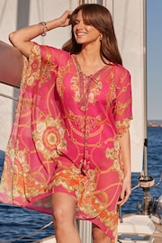 Sosandar Pink Scarf Print Embellished Detail Kaftan - Image 1 of 6