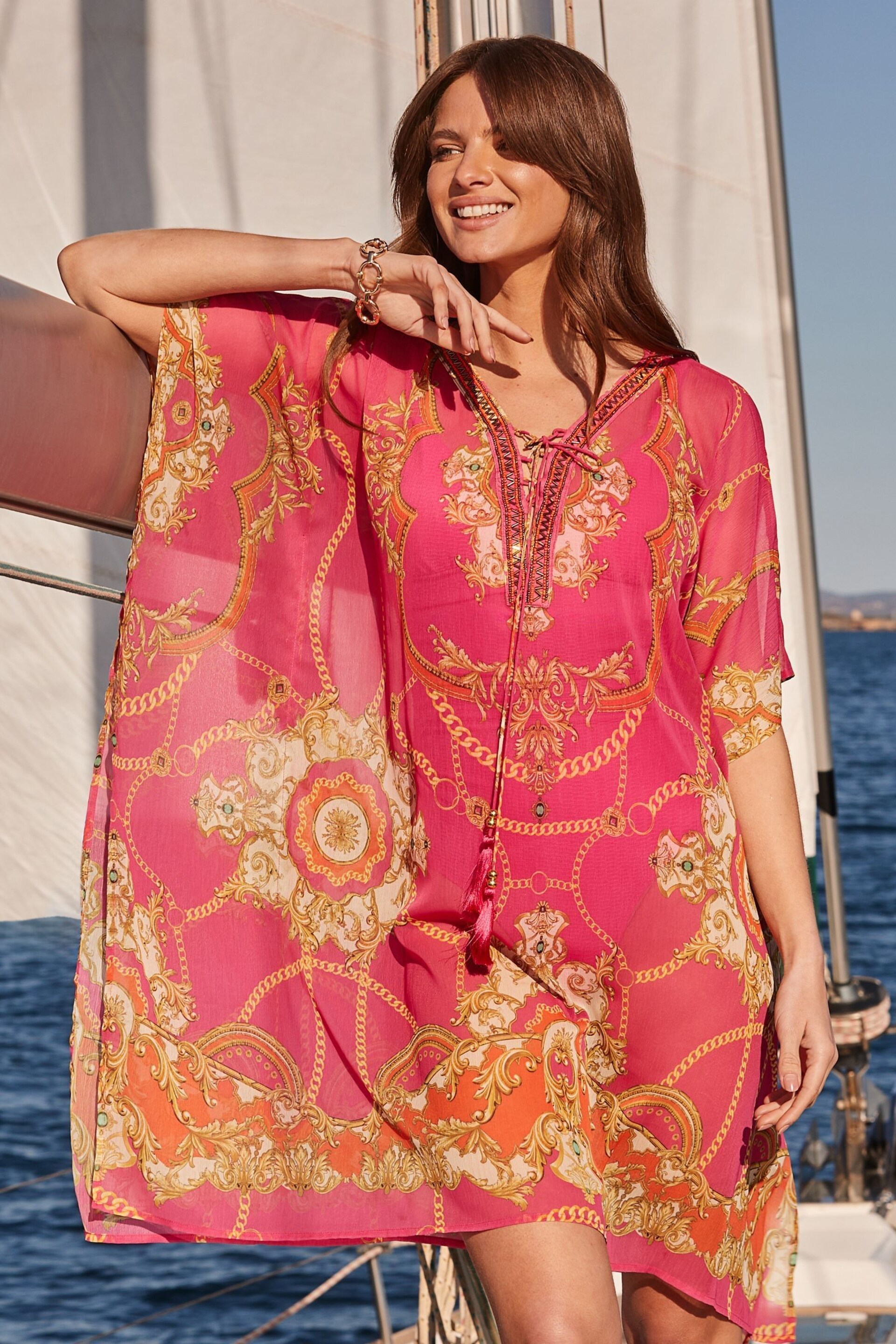 Sosandar Pink Scarf Print Embellished Detail Kaftan - Image 3 of 6