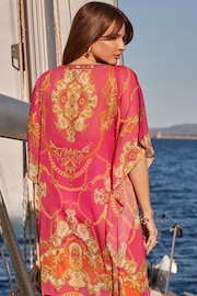 Sosandar Pink Scarf Print Embellished Detail Kaftan - Image 4 of 6