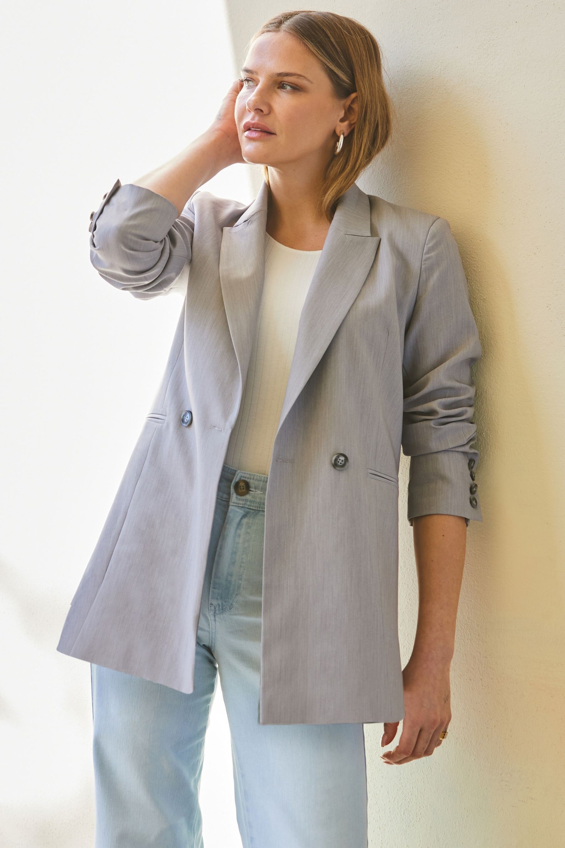 Sosandar Grey Relaxed Fit Double Breasted Blazer - Image 1 of 6