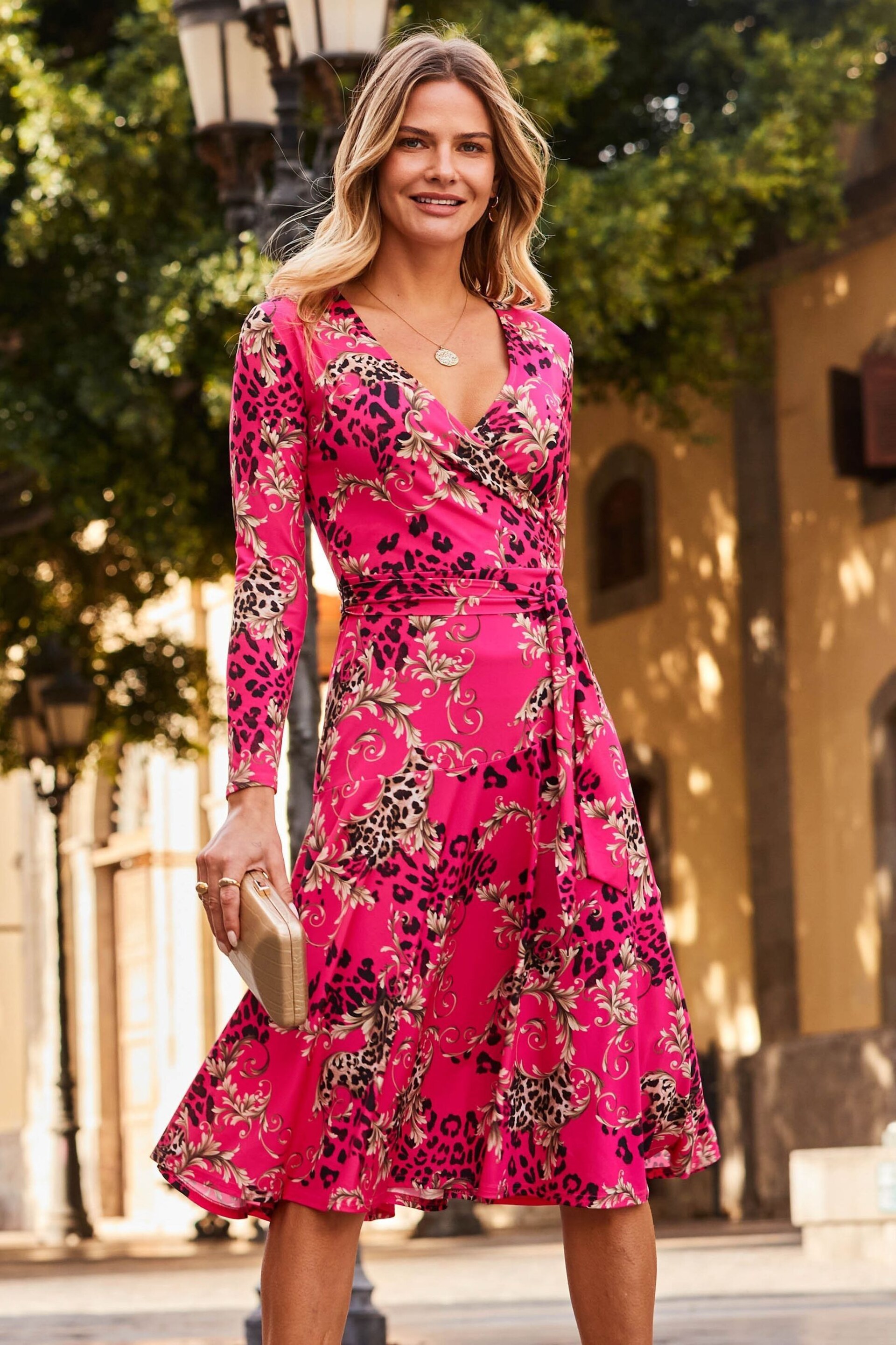 Sosandar Pink Multi Print Faux Wrap Midi Jersey Dress - Image 1 of 5