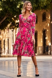 Sosandar Pink Multi Print Faux Wrap Midi Jersey Dress - Image 4 of 5
