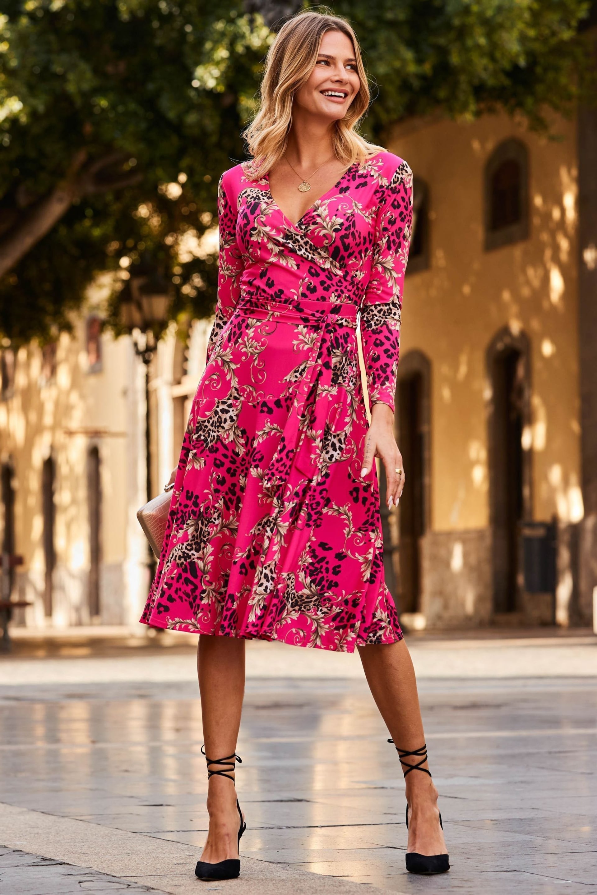 Sosandar Pink Multi Print Faux Wrap Midi Jersey Dress - Image 4 of 5