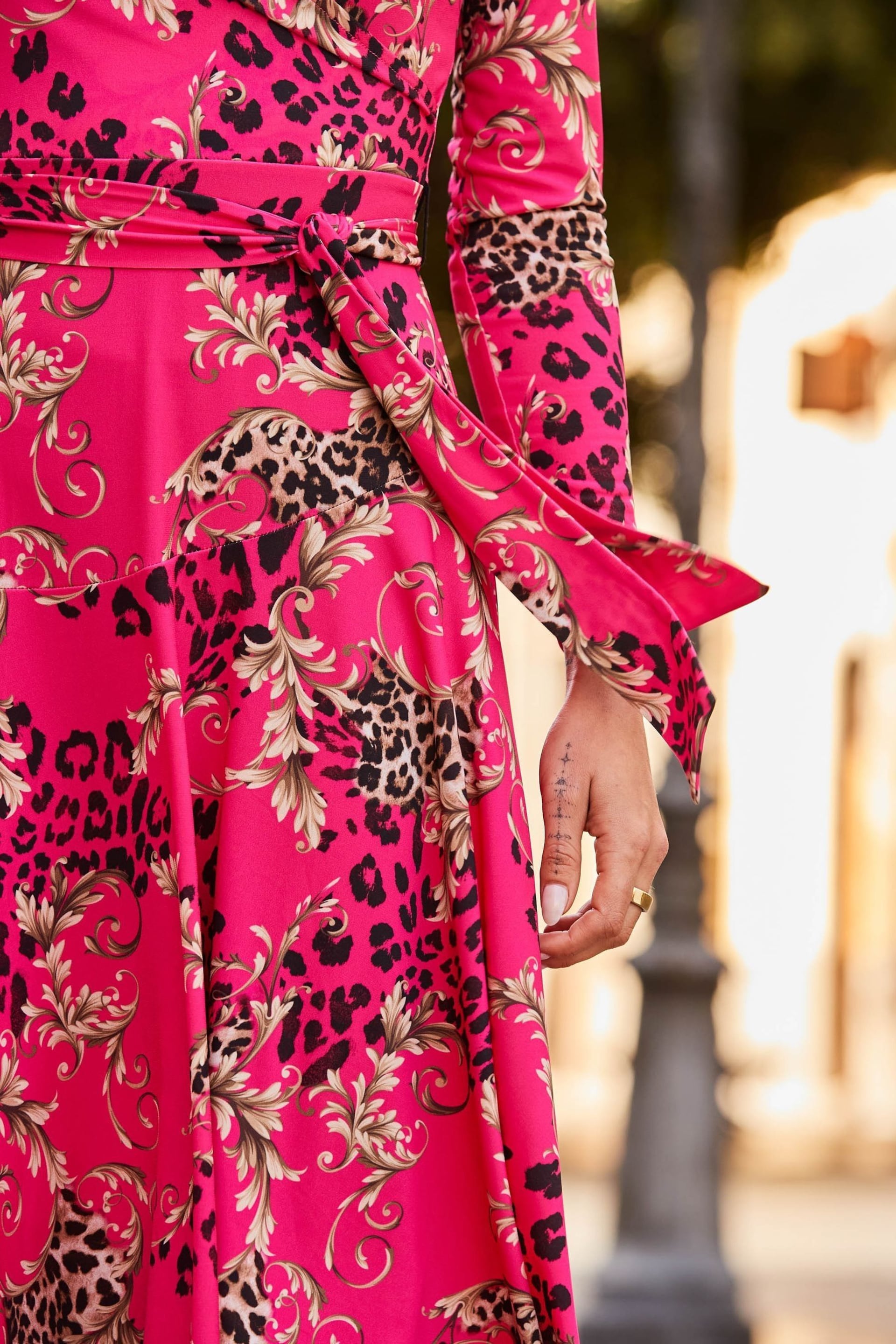 Sosandar Pink Multi Print Faux Wrap Midi Jersey Dress - Image 5 of 5