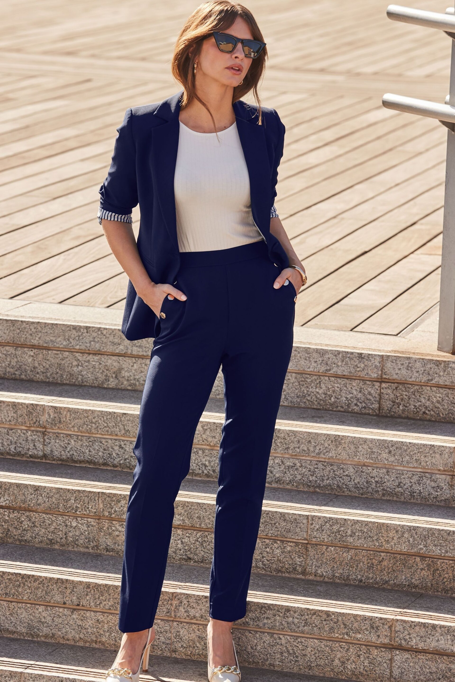 Sosandar Blue Petite Button Detail Trousers - Image 1 of 6