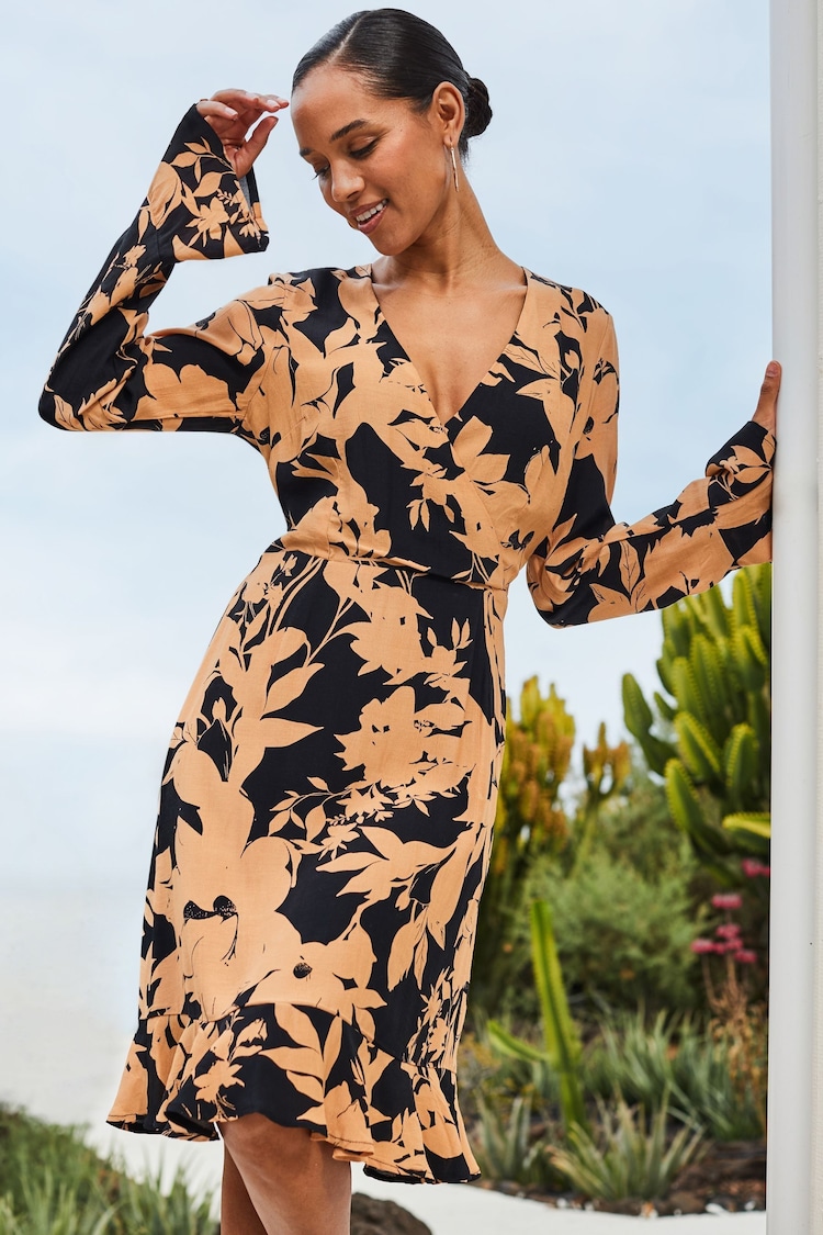 Sosandar Black/Brown Floral Fit & Flare Wrap Dress - Image 1 of 6