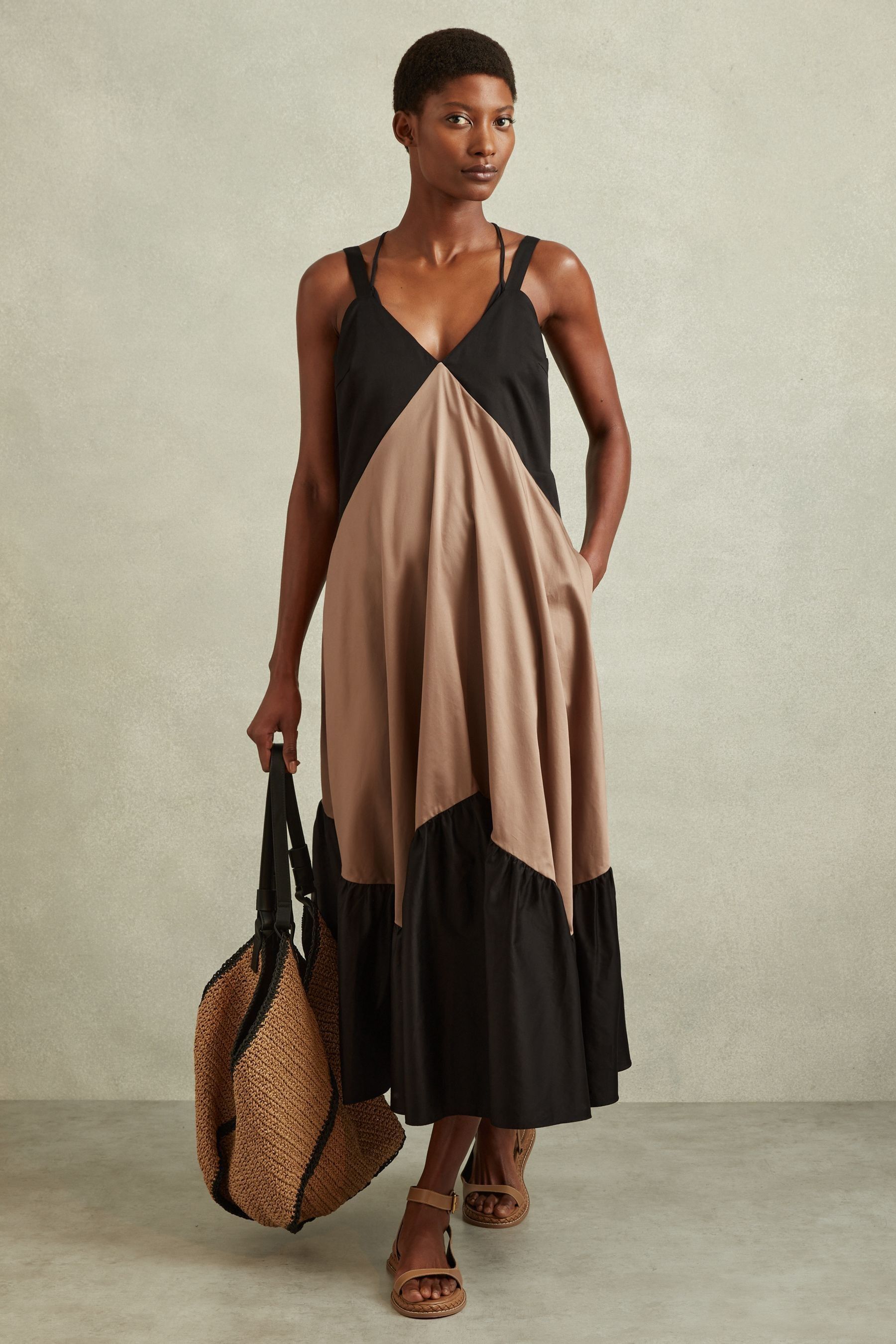 Buy Reiss Brown Black Natalie Cotton Colourblock Flounced Midi Dress from the Next UK online shop