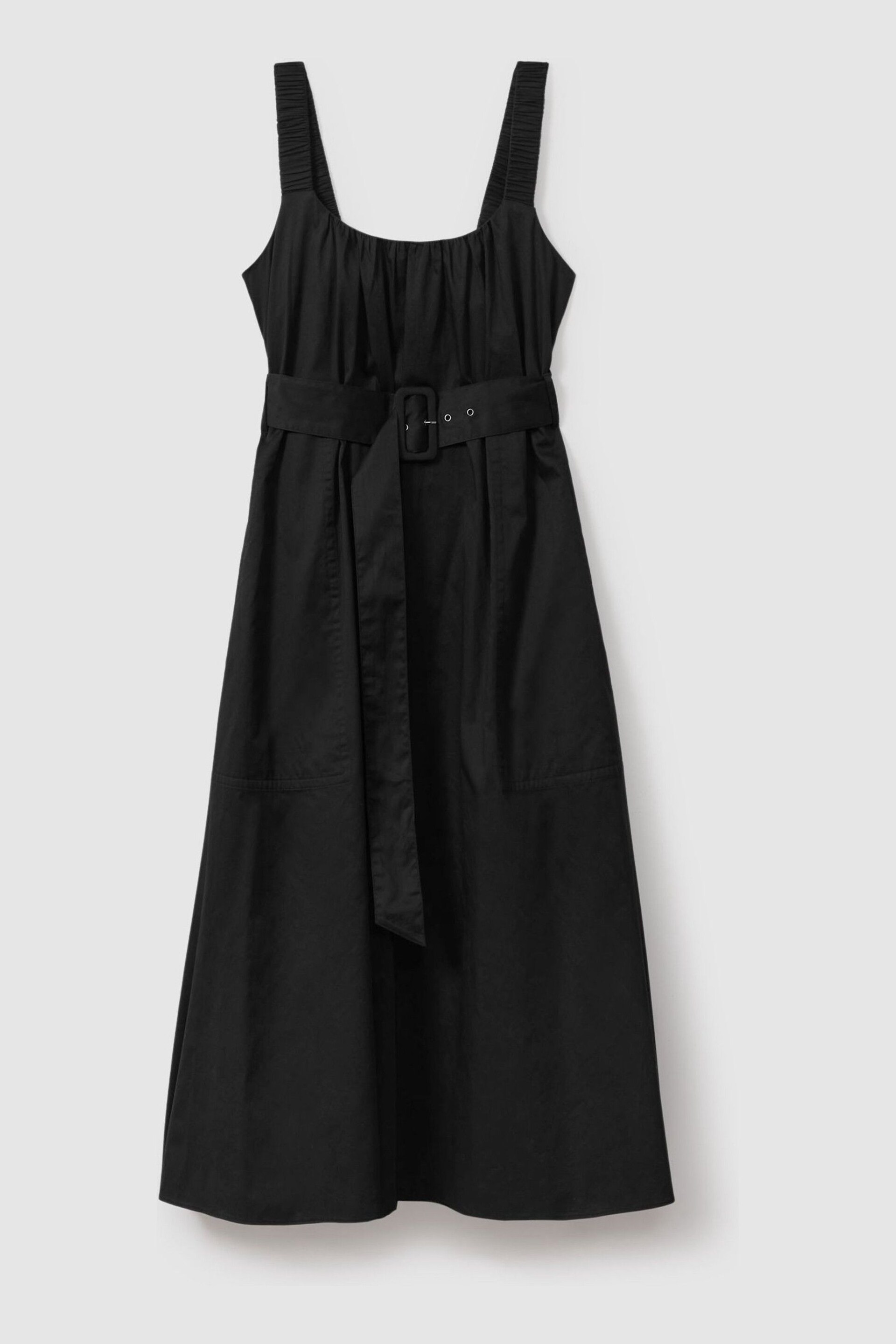 Reiss Black Liza Petite Cotton Ruched Strap Belted Midi Dress - Image 2 of 5