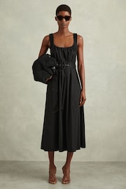 Reiss Black Liza Petite Cotton Ruched Strap Belted Midi Dress - Image 3 of 5